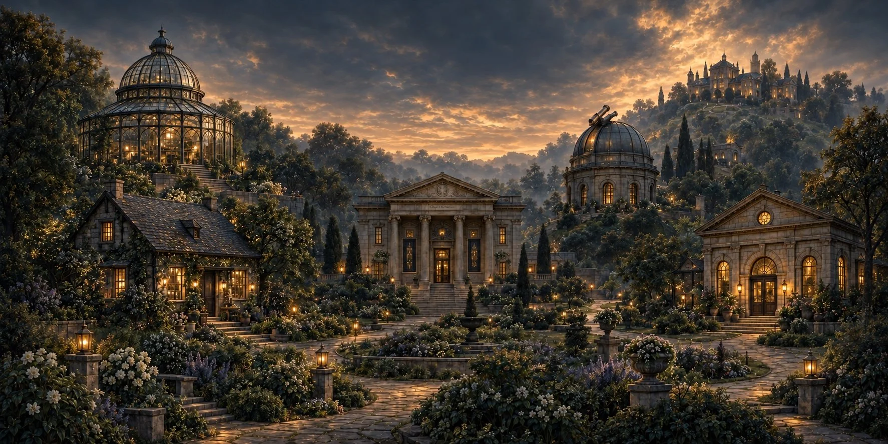 An imagined campus at dusk, with a glass conservatory, timber apothecary, stone museum, domed observatory, and gallery connected by garden paths and warm windows.