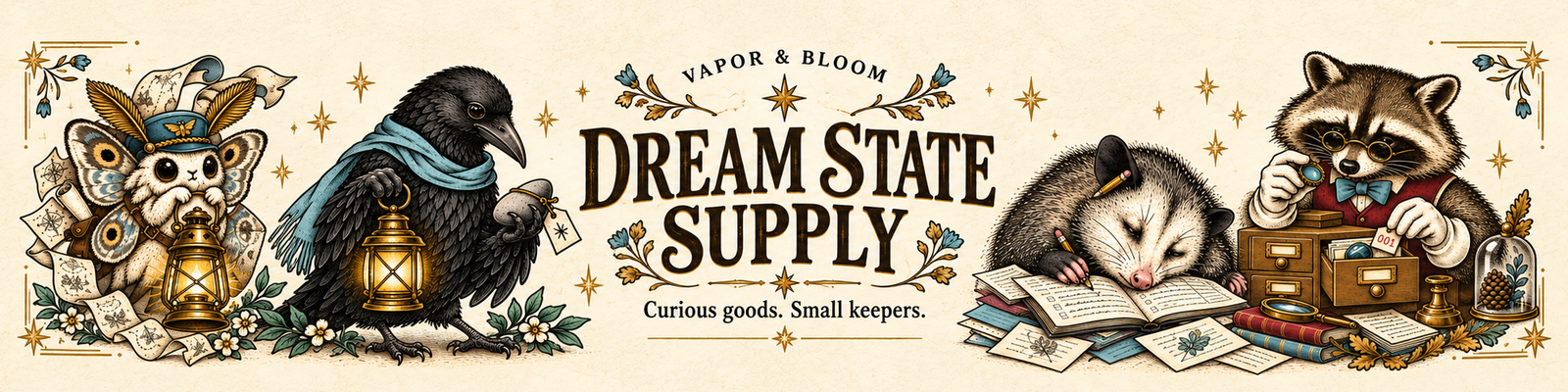 Dream State Supply's curious little keepers gathered in their storybook world