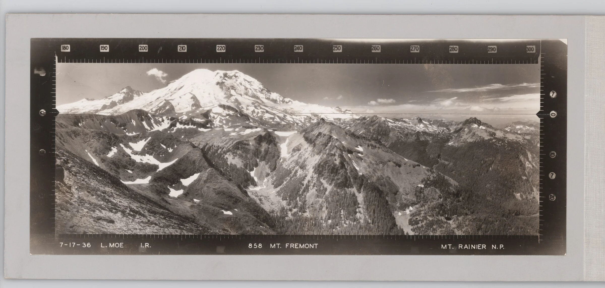 Infrared panoramic photograph numbered 858 from Mount Fremont, dated July 17, 1936, showing Mount Rainier and surrounding ridges beneath an azimuth scale from 180 to 300 degrees.