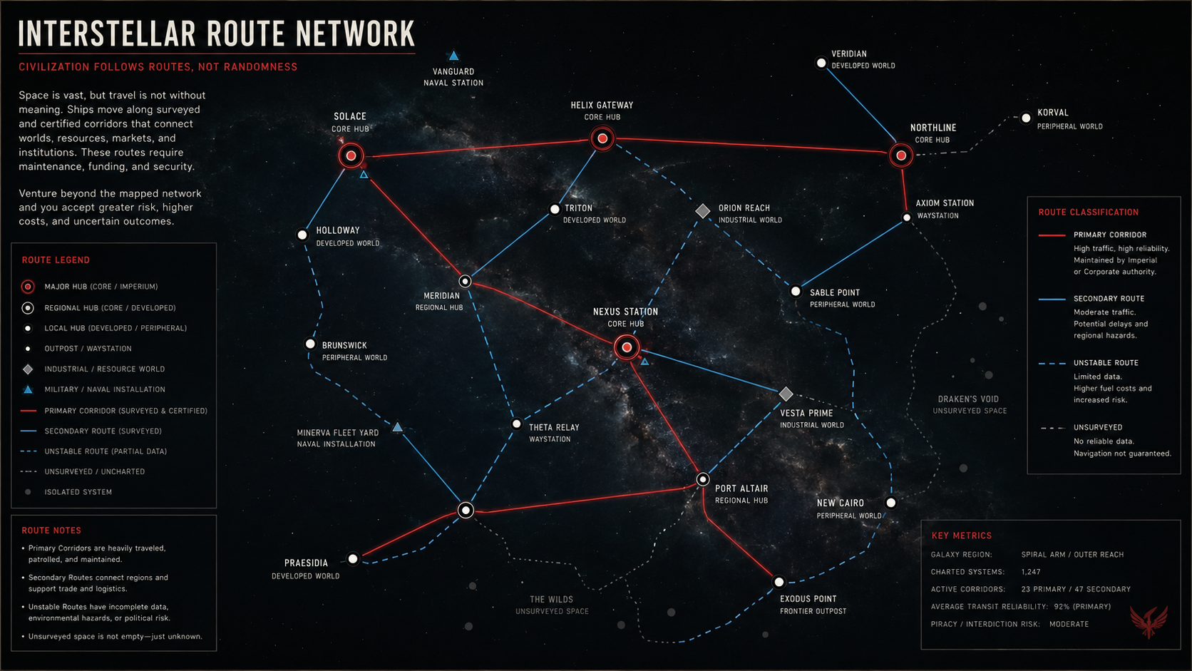 Interstellar route network connecting human worlds