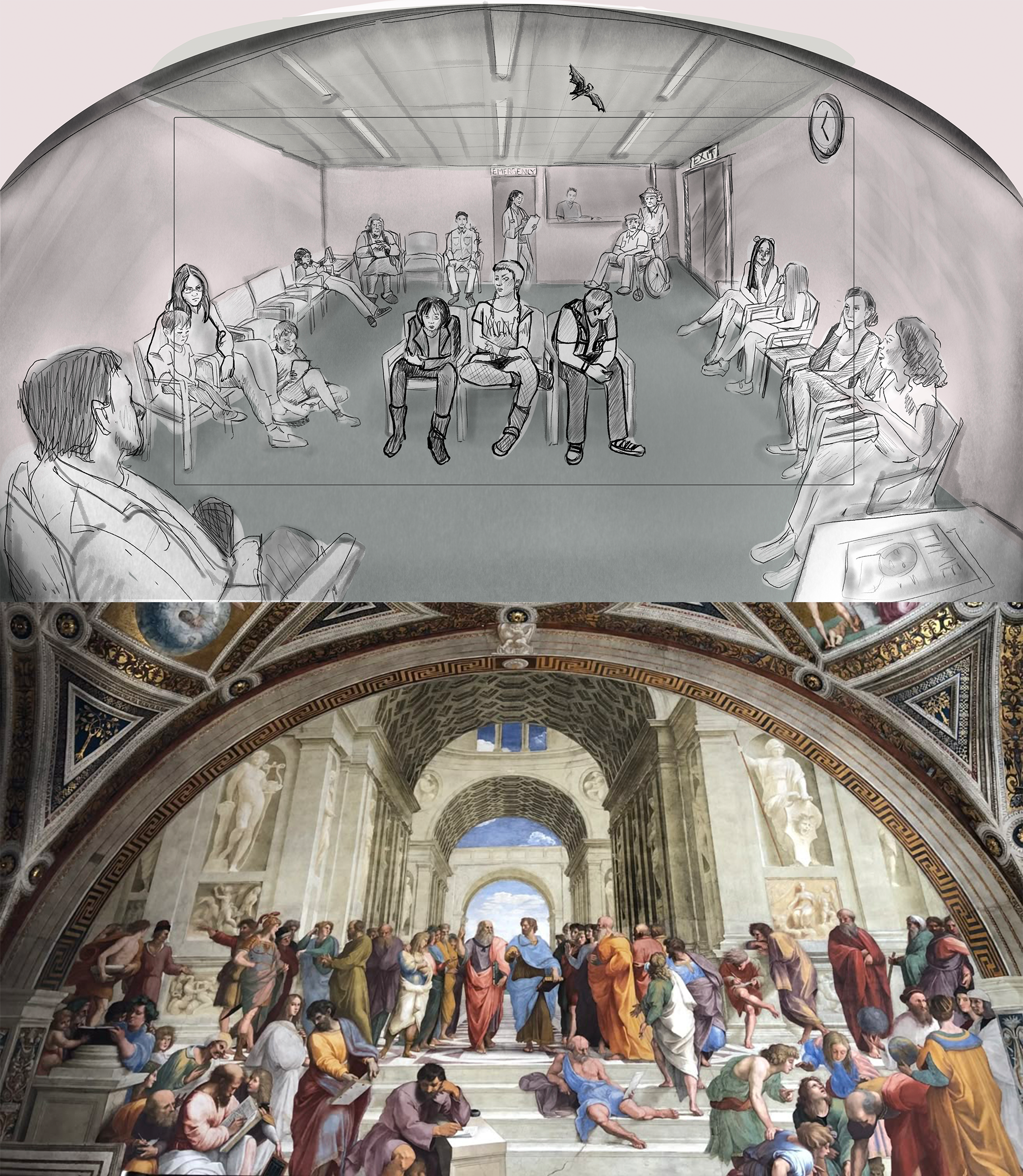 Concept sketch for Desert Palms alongside Raphael's The School of Athens