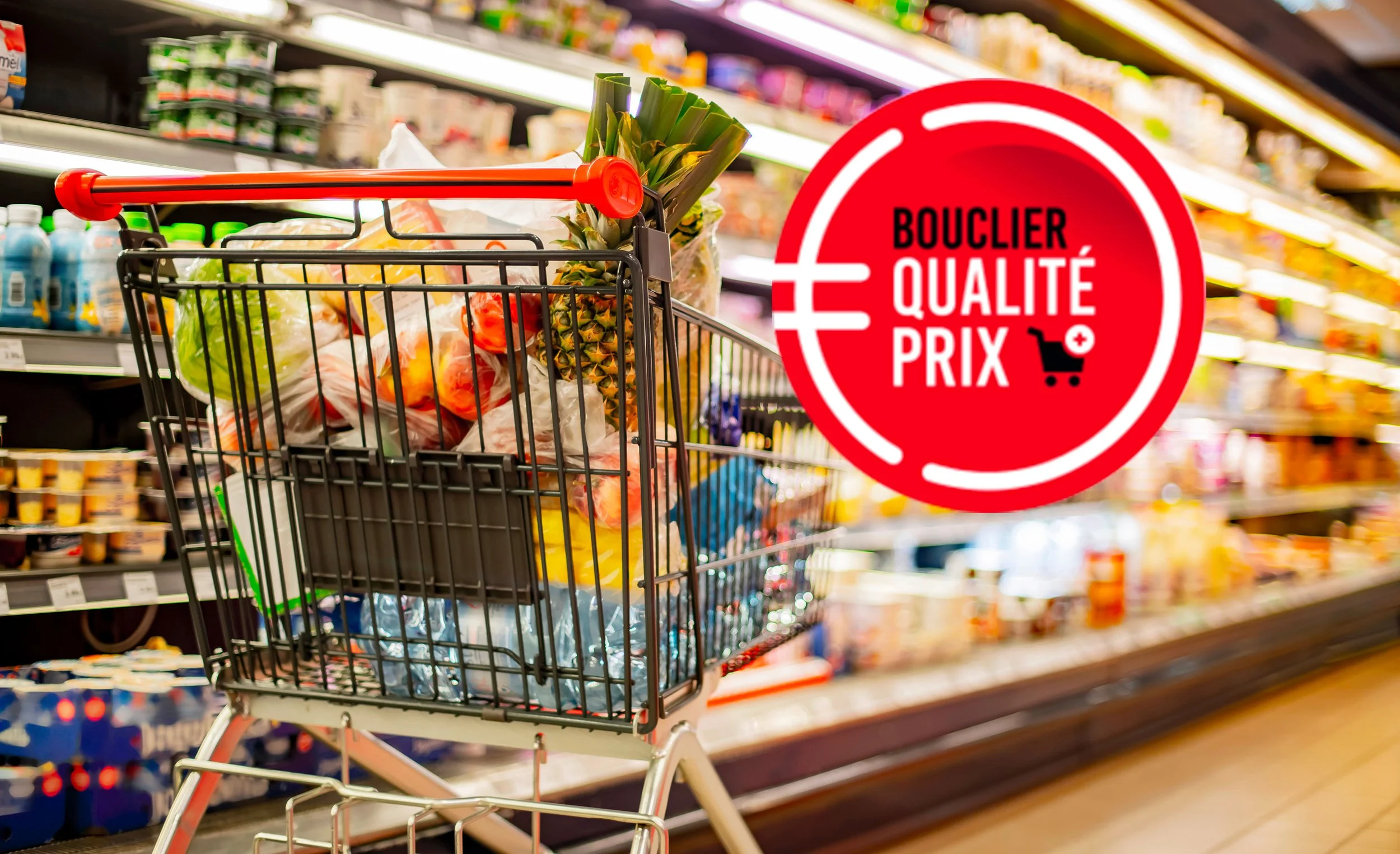 Chariot de courses rempli dans un rayon de supermarché