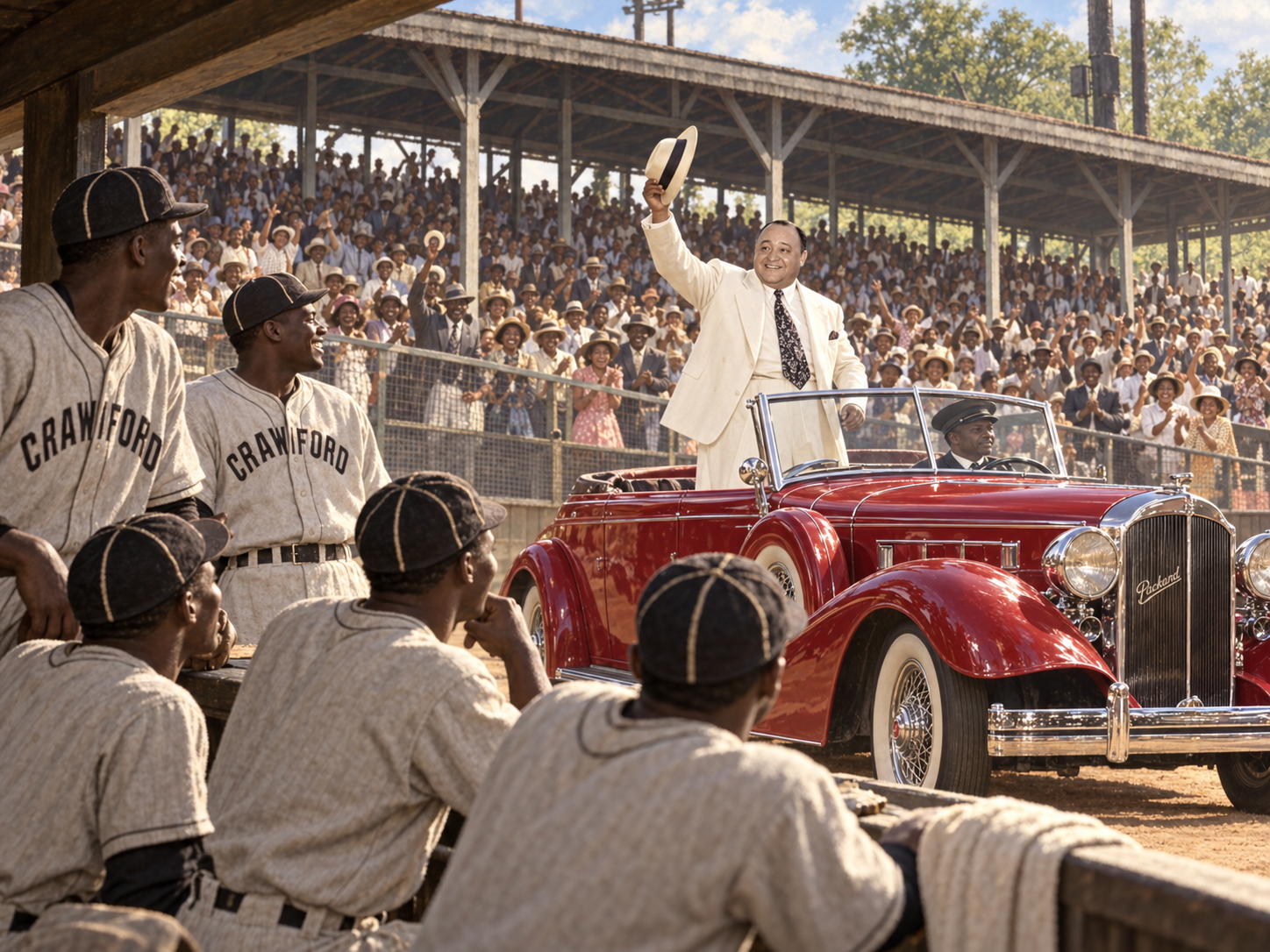 Artistic visualization of Gus Greenlee entering Greenlee Field in a red Packard convertible