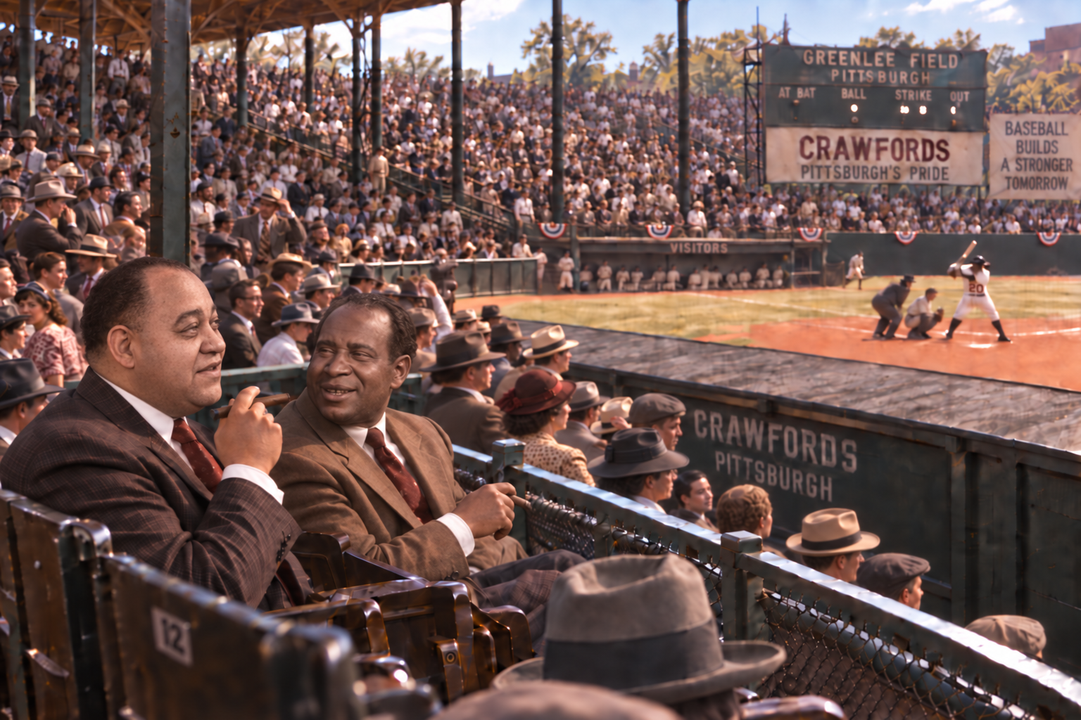 Artistic visualization of Gus Greenlee and Woogie Harris enjoying a packed Greenlee Field crowd
