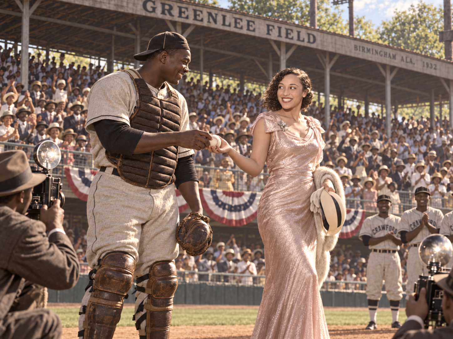 Artistic visualization of Josh Gibson returning the ceremonial first-pitch ball to Blanche Calloway
