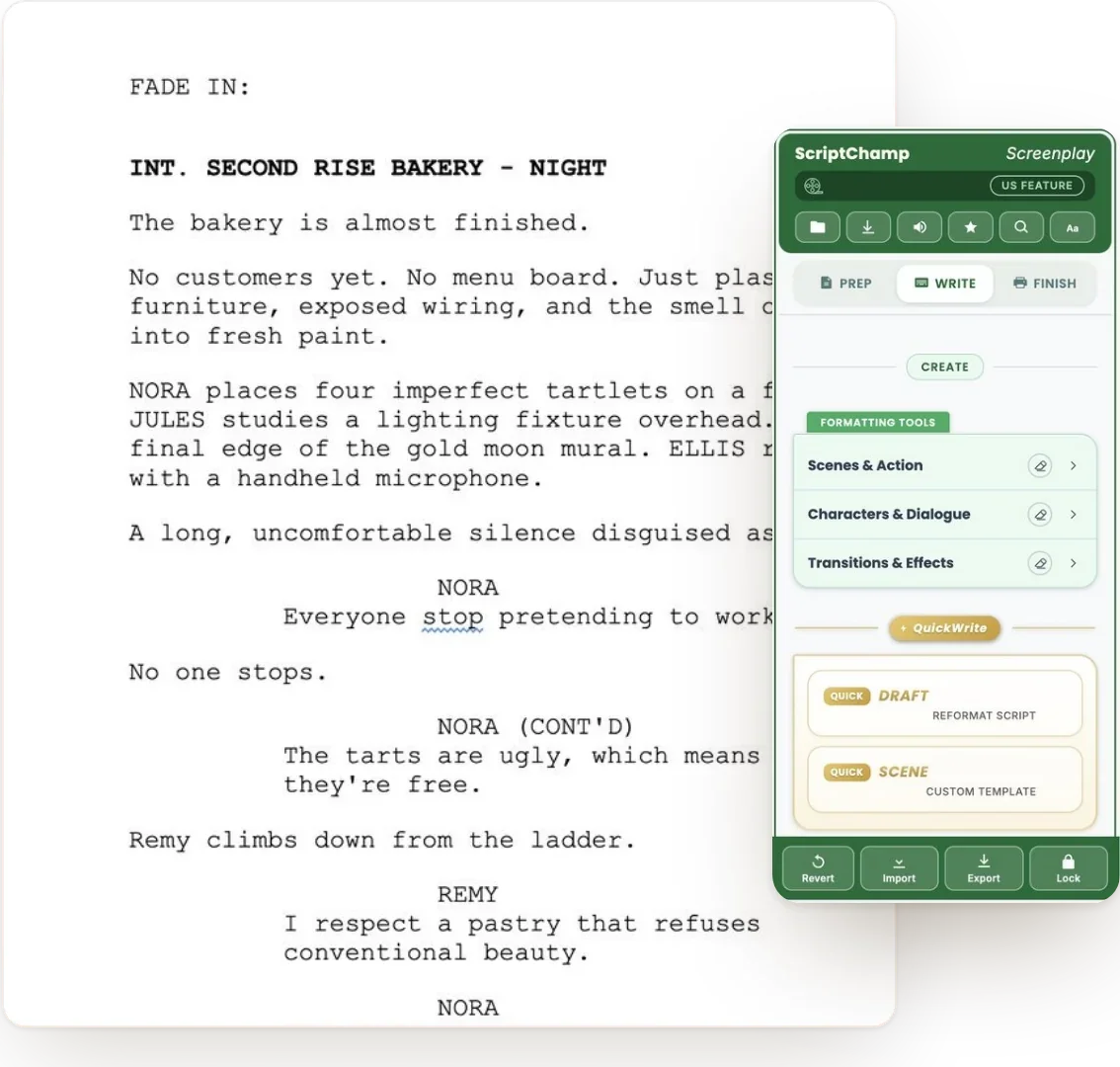 A screenplay page in Google Docs with the ScriptChamp sidebar open