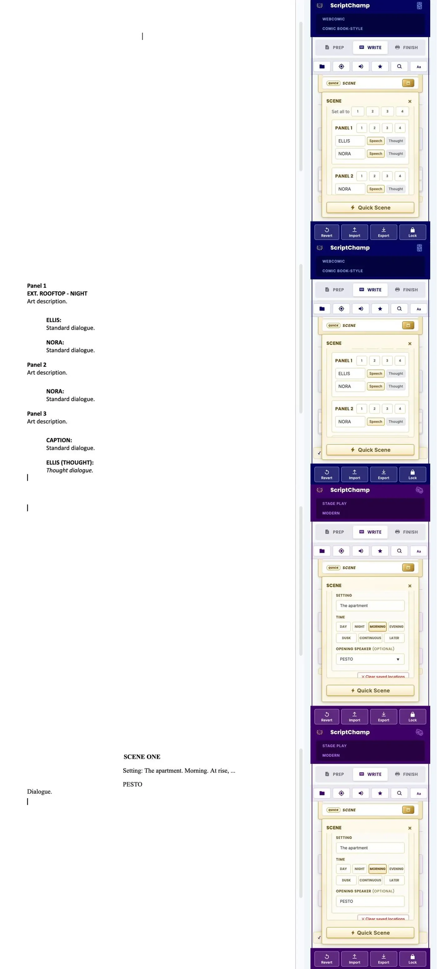 The Quick Scene builder filled in, and the scene it writes into the document