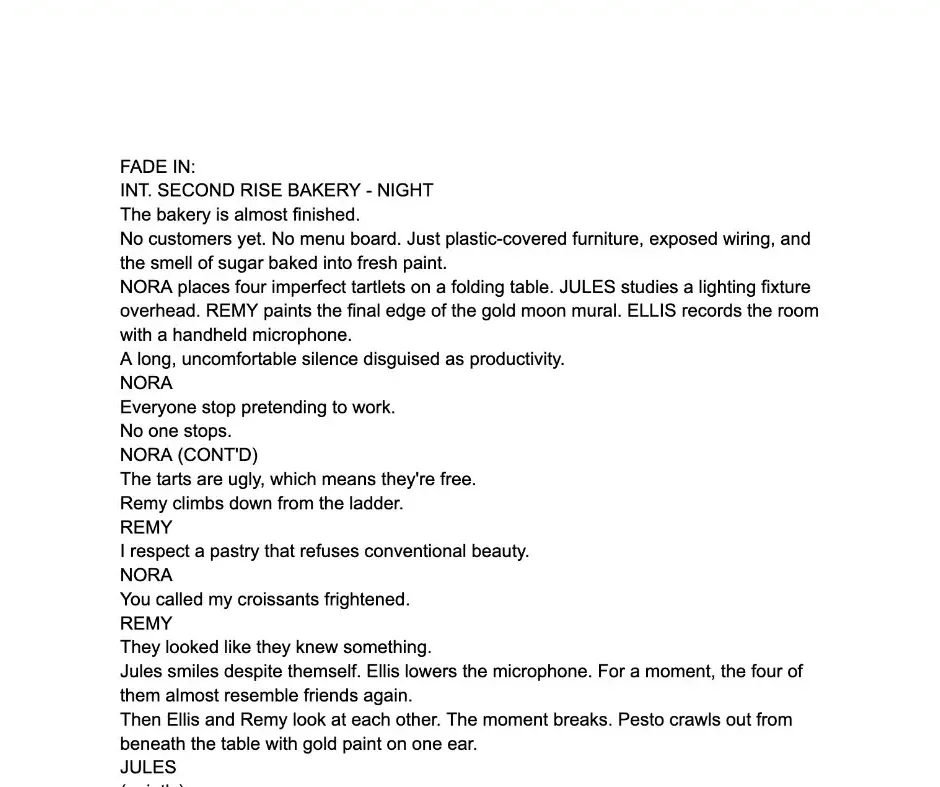 A screenplay typed plainly in Google Docs, before Quick Draft