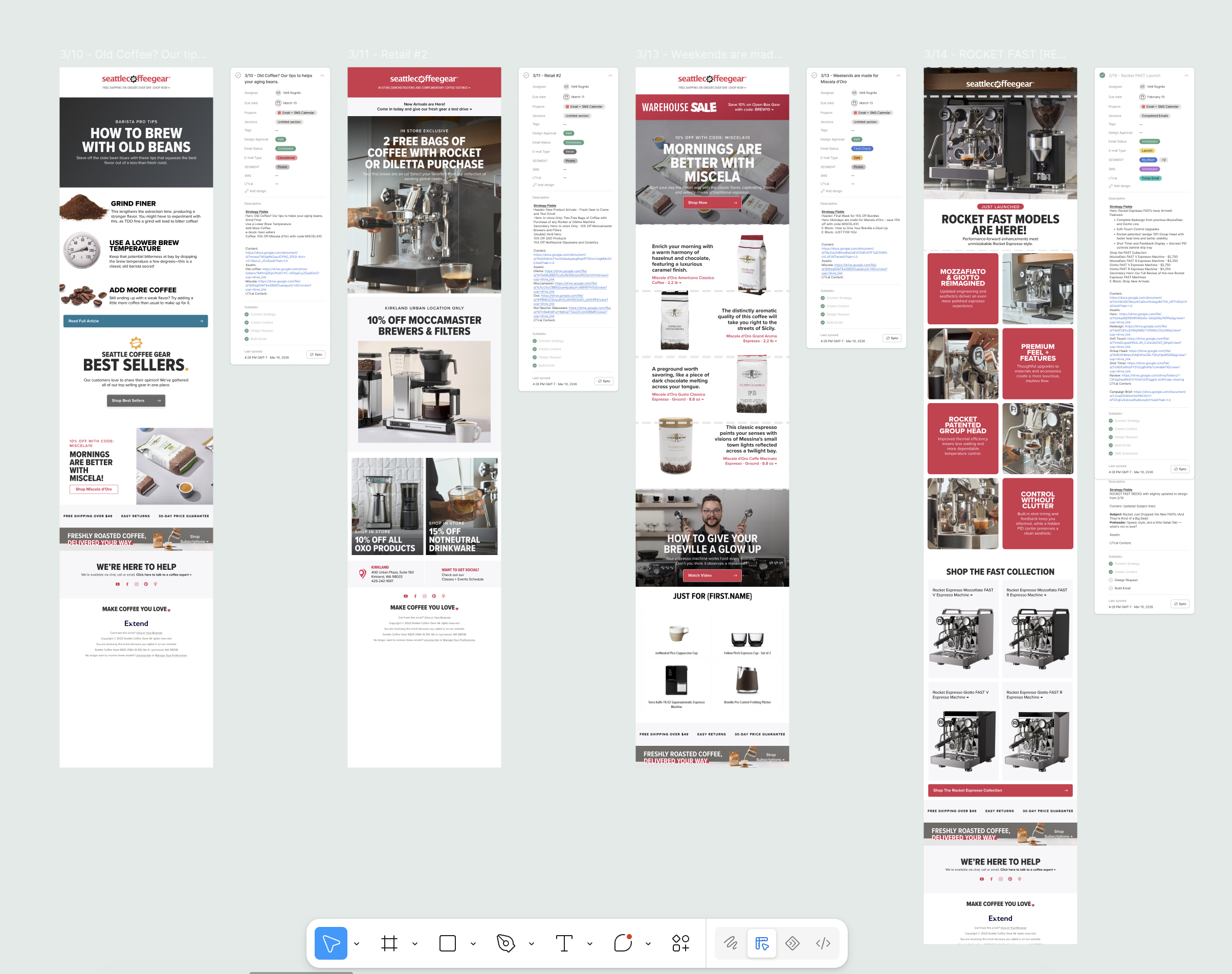 Figma file showing four Seattle Coffee Gear emails, each beside its Asana task with assignee, due date, approval and status fields