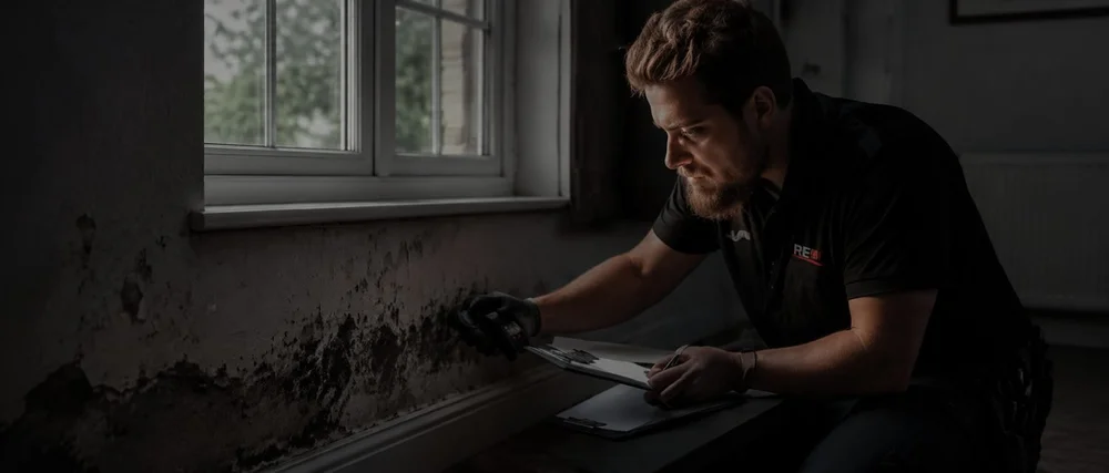 Renovani damp specialist inspecting wall damage beside a window