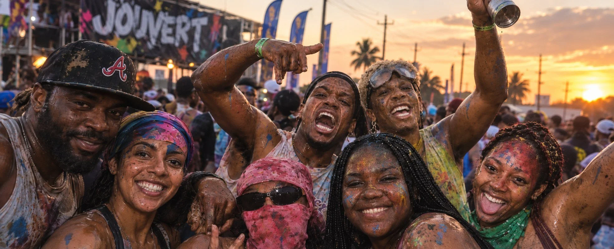 Friends celebrating J'Ouvert covered in colorful paint at sunset