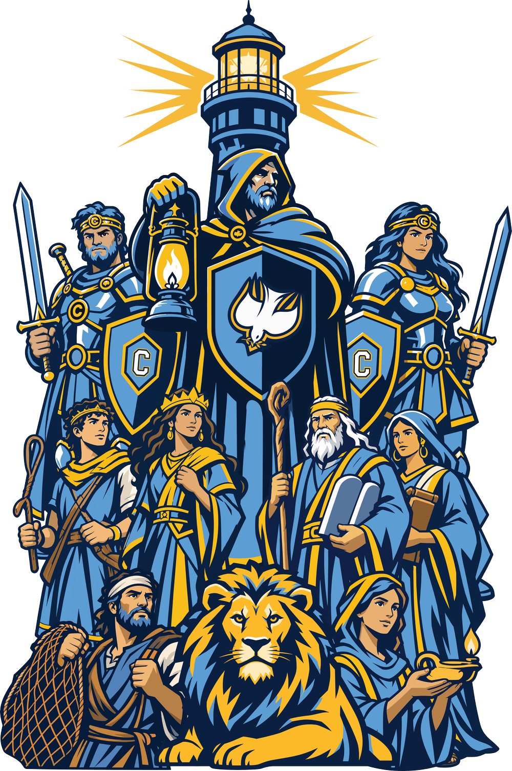 Complete Royal Guardians assembly with the Watchman, warriors, lighthouse, and lion