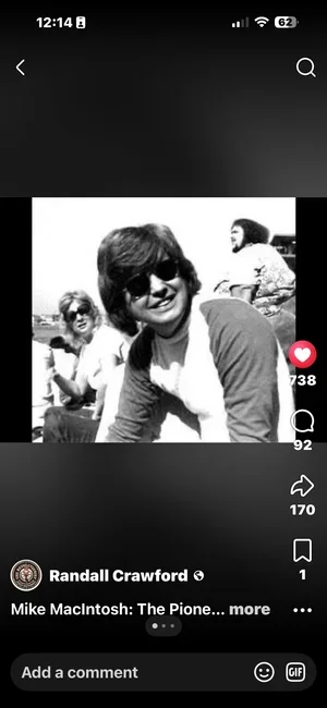 A social media video still presents a historic black-and-white photograph of Mike MacIntosh.