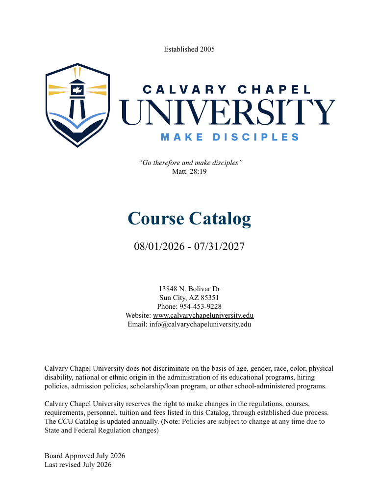 Front cover of the 2026–2027 Calvary Chapel University Course Catalog