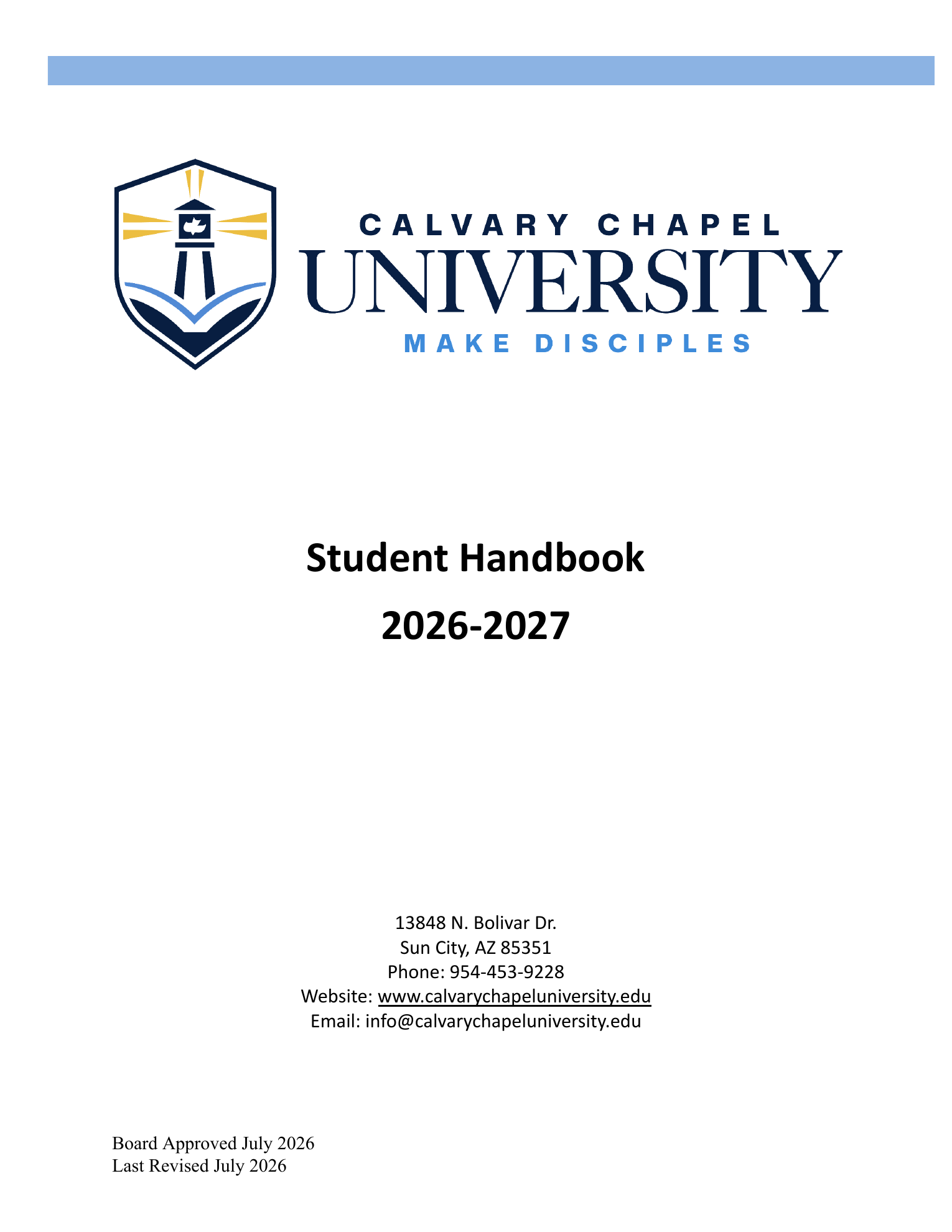 Front cover of the 2026–2027 Calvary Chapel University Student Handbook