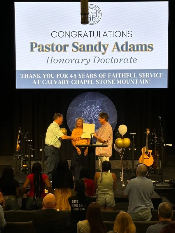Sandy Adams receives an honorary doctorate at Calvary Chapel Stone Mountain.