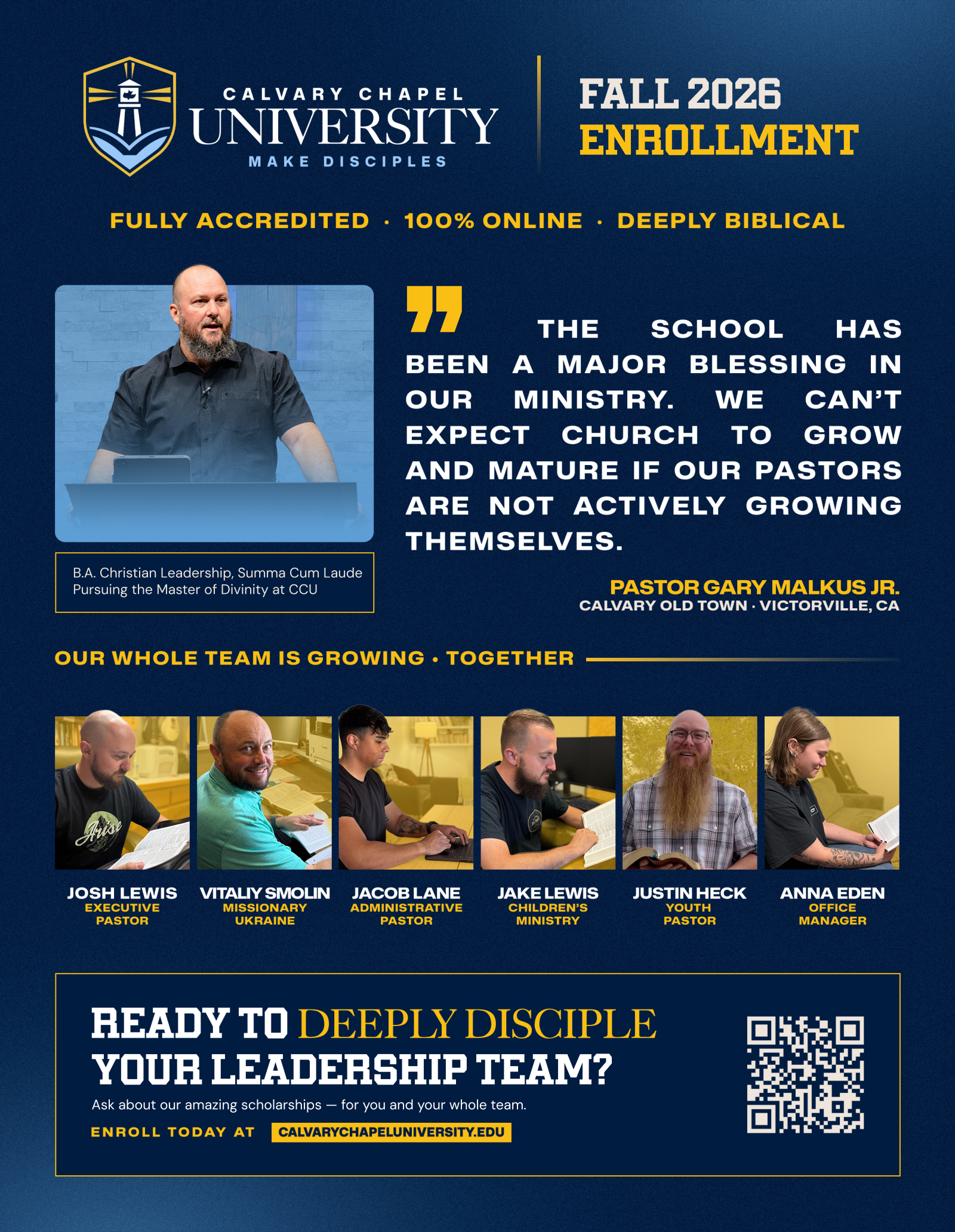Pastor Gary Malkus Jr. and his ministry leadership team studying together, from the approved Fall 2026 university advertisement