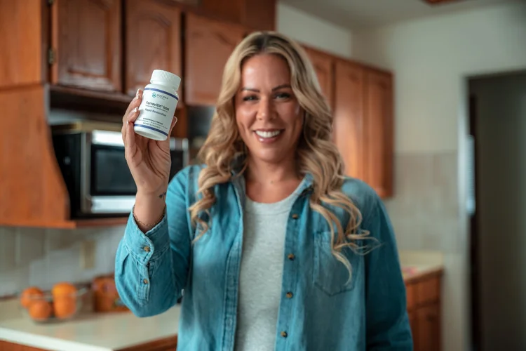 A woman holding up a supplement bottle in her kitchen.