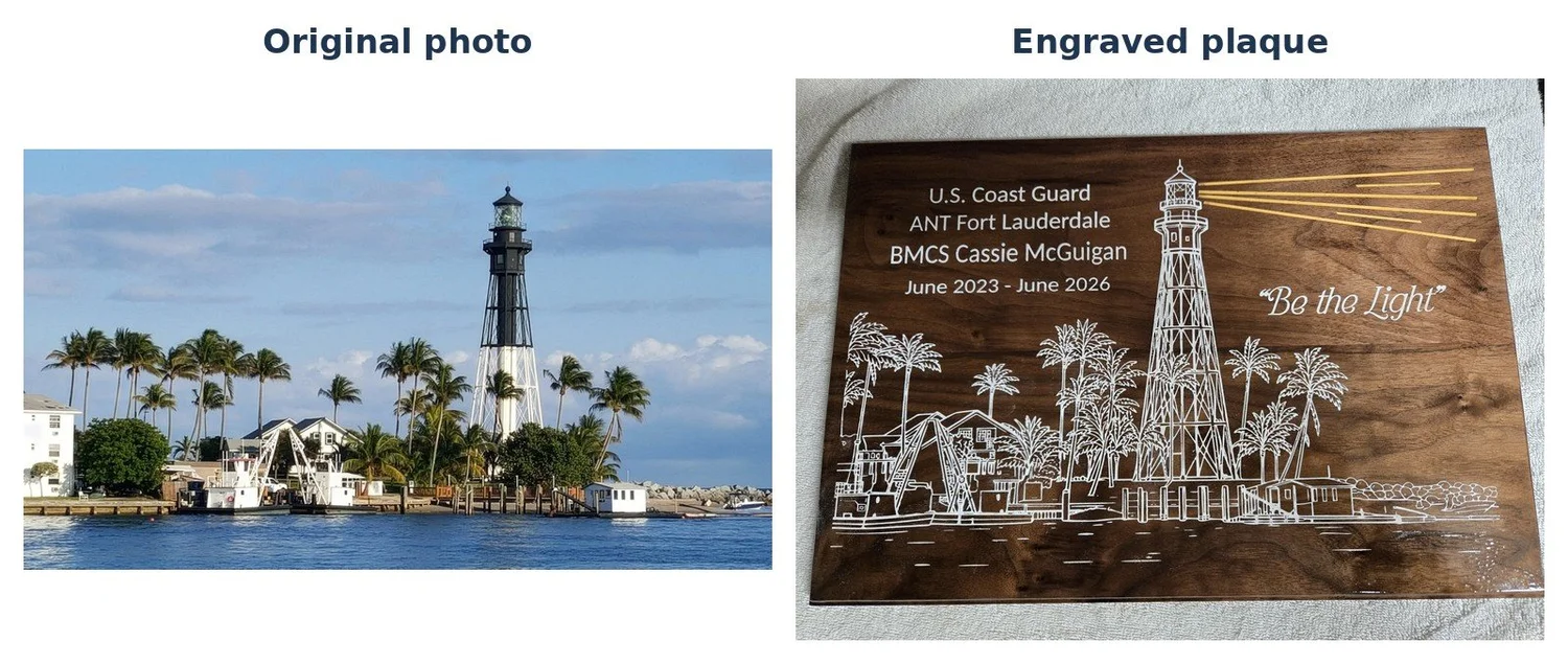 Side by side: an original photo of a lighthouse with palm trees and boats, and the finished walnut plaque laser-engraved from that photo with white and gold color fill