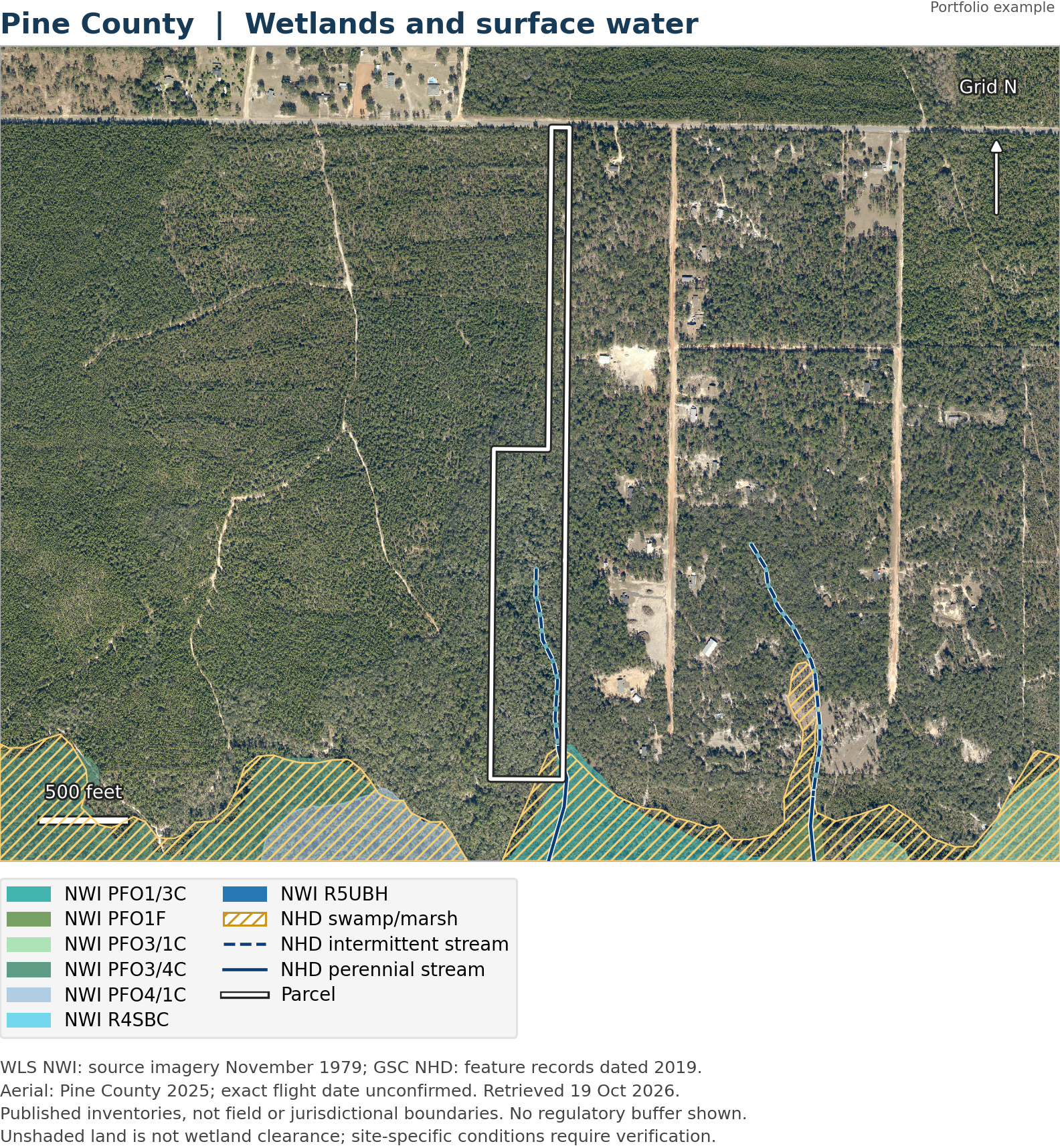 Pine County wetlands and surface water inventory map.