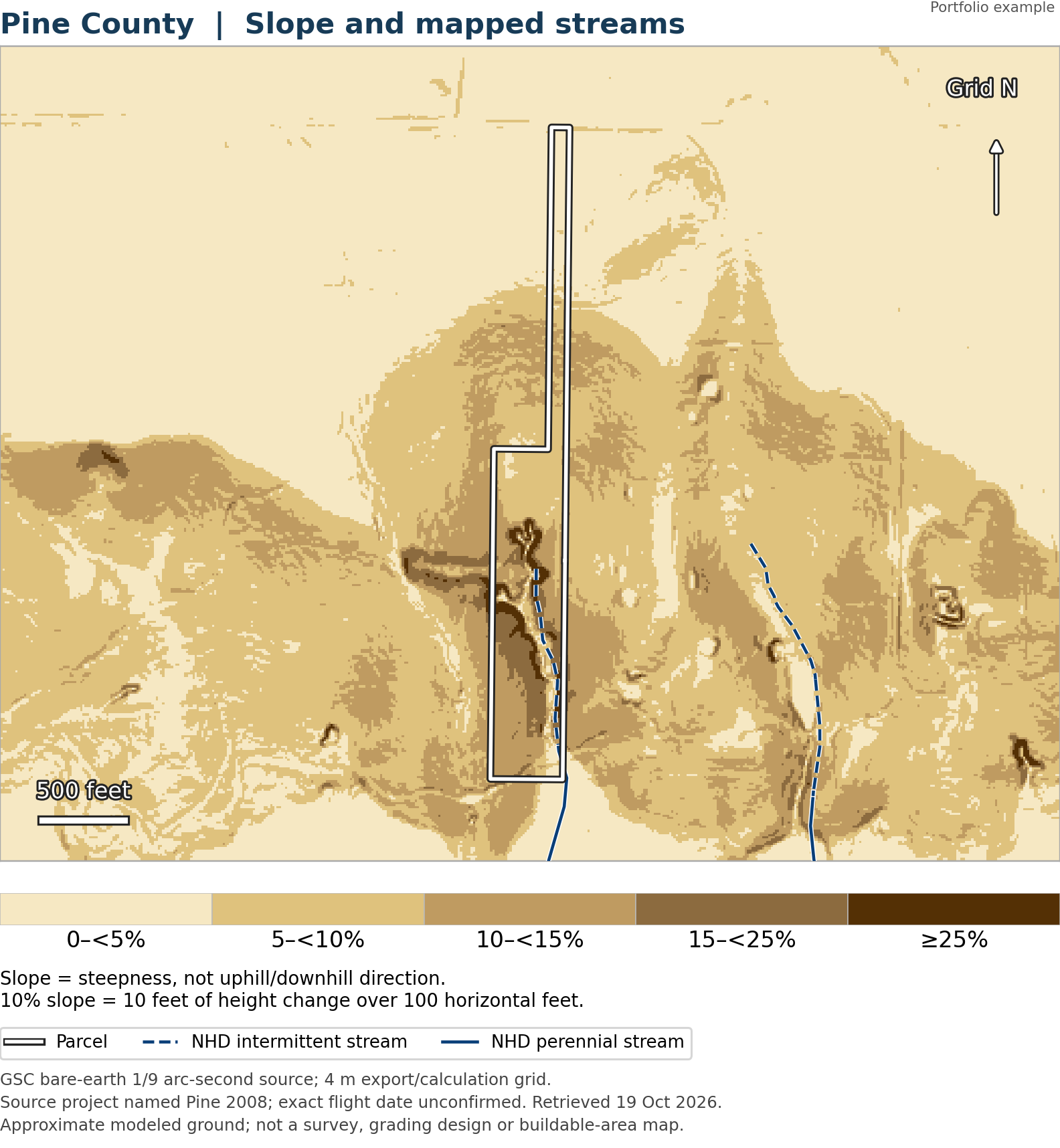 Pine County terrain exhibit showing published water context.
