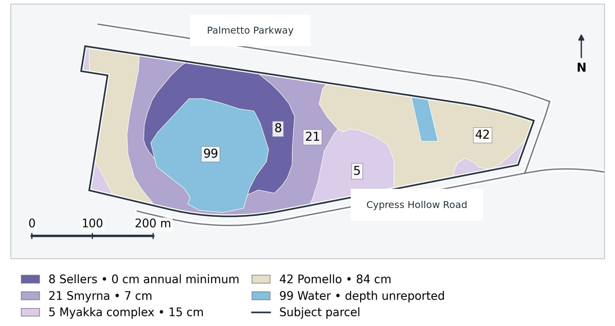 Cypress Hollow · Fictionalized Florida example — Water and Drainage Lens