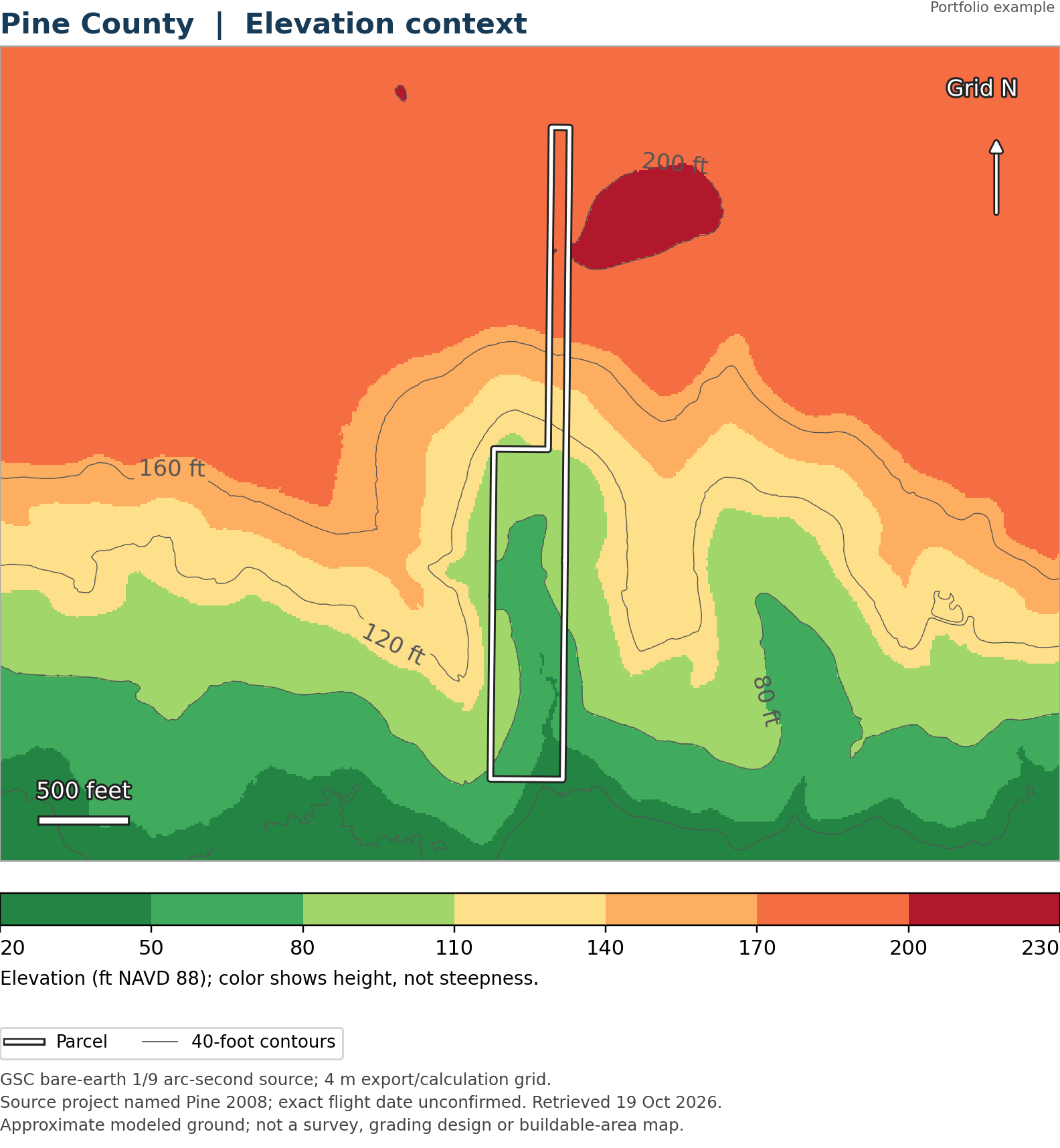 Pine County modeled ground elevation map.