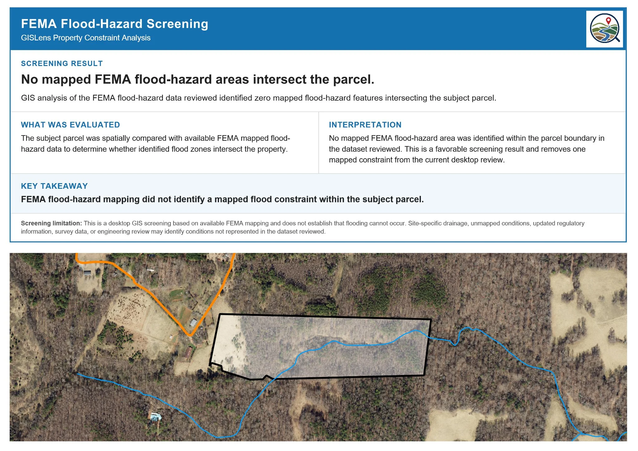 Exhibit 07: FEMA screening result showing no mapped flood-hazard intersection in the reviewed data, with parcel context.