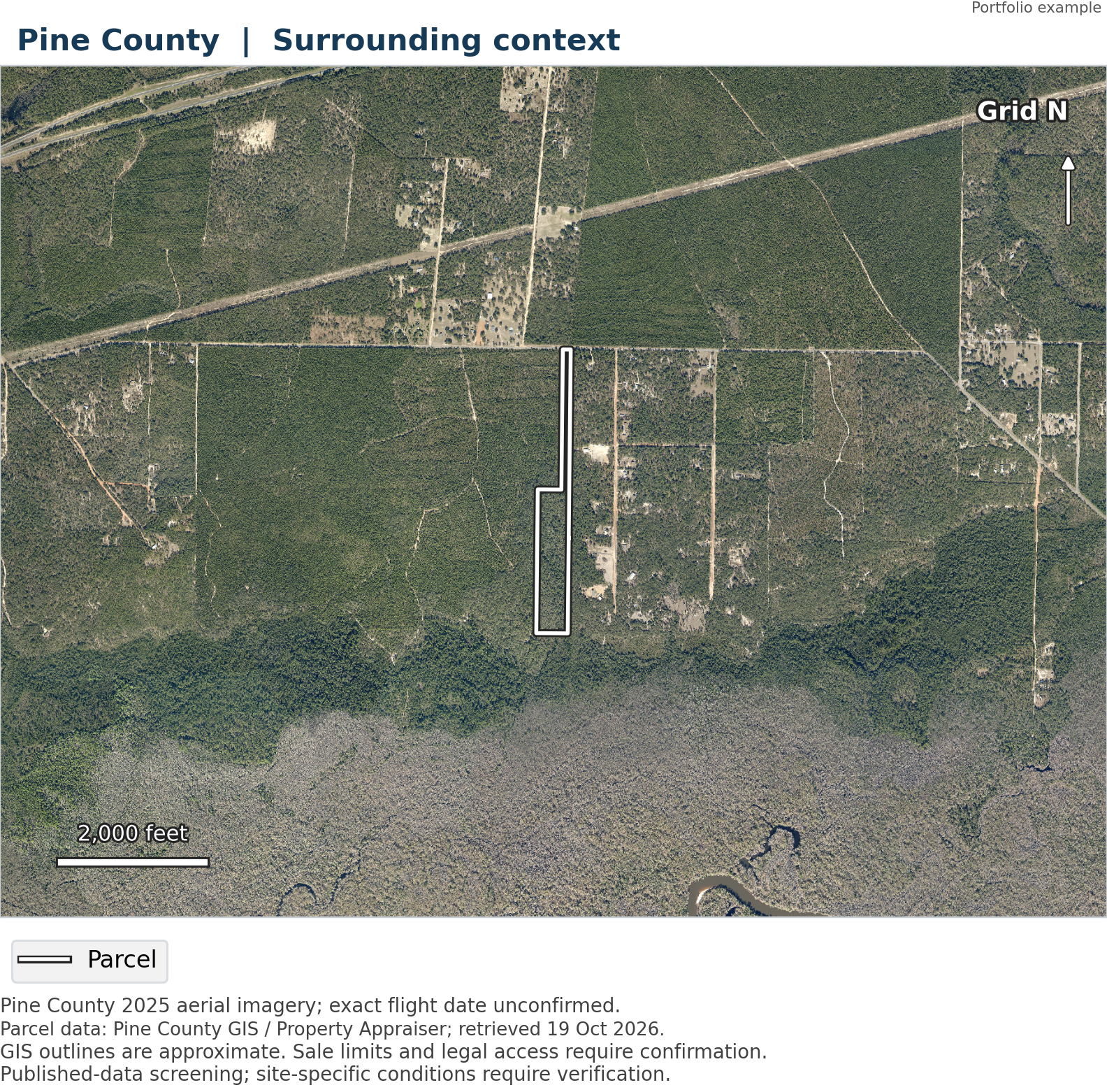 Wide aerial map showing the Pine County parcel and surrounding area.