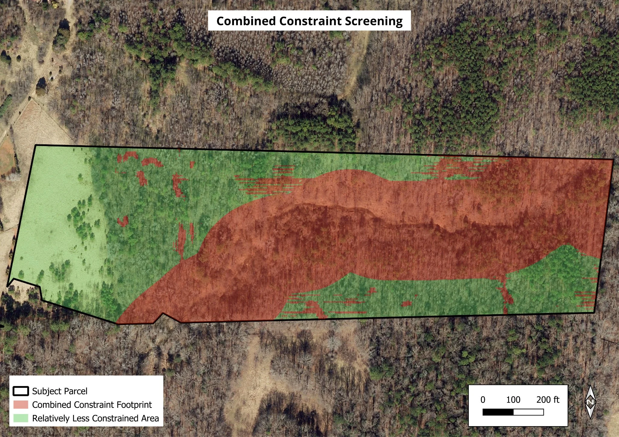 Exhibit 06: Combined footprint of wetlands, the analytical stream buffer and slopes above 15 percent, alongside relatively less constrained areas.