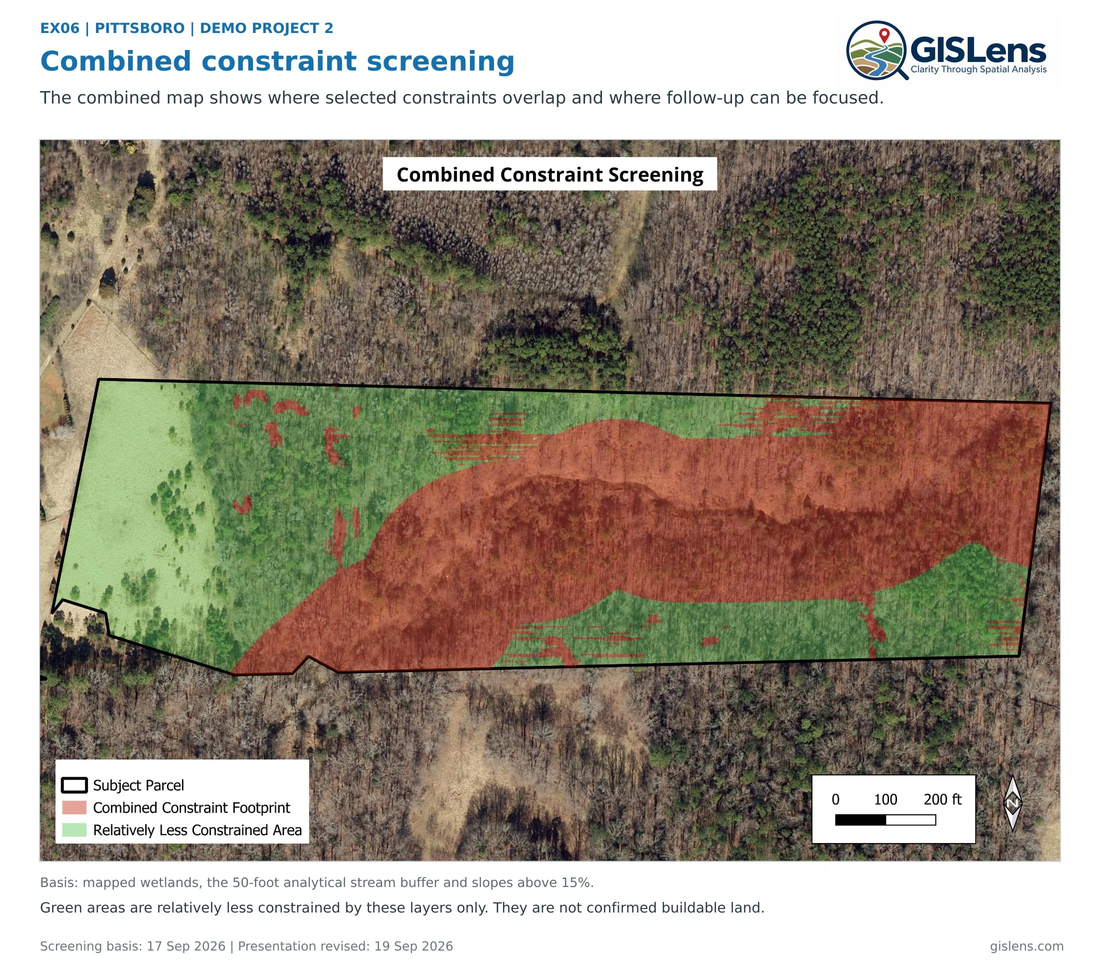 Exhibit 06: Combined footprint of wetlands, the analytical stream buffer and slopes above 15 percent, alongside relatively less constrained areas.