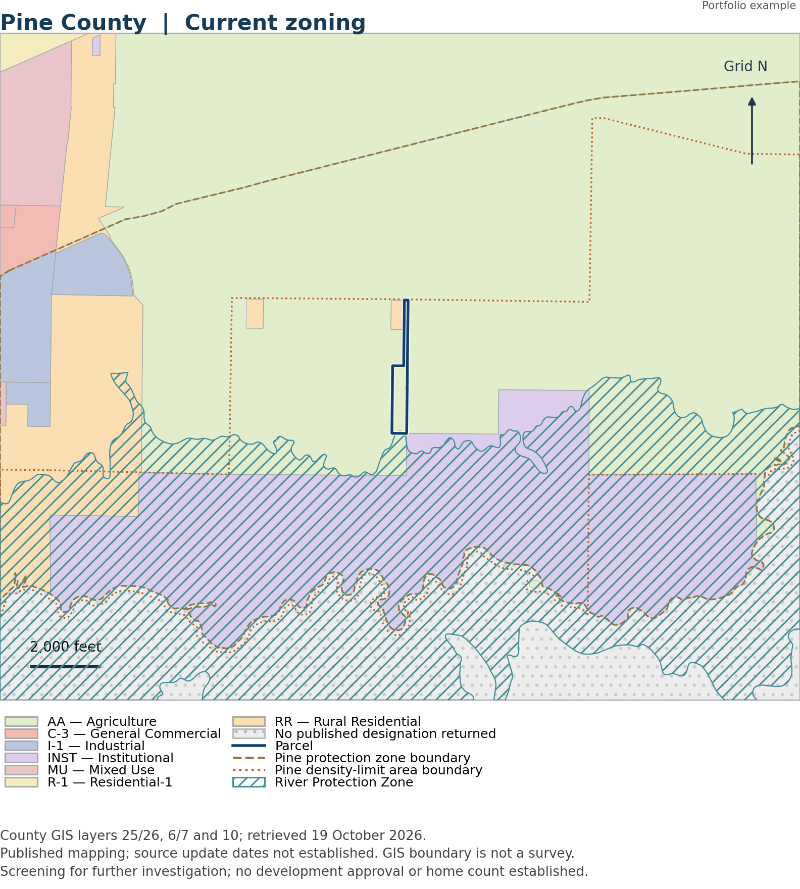 Pine County zoning map showing agricultural and residential zoning.