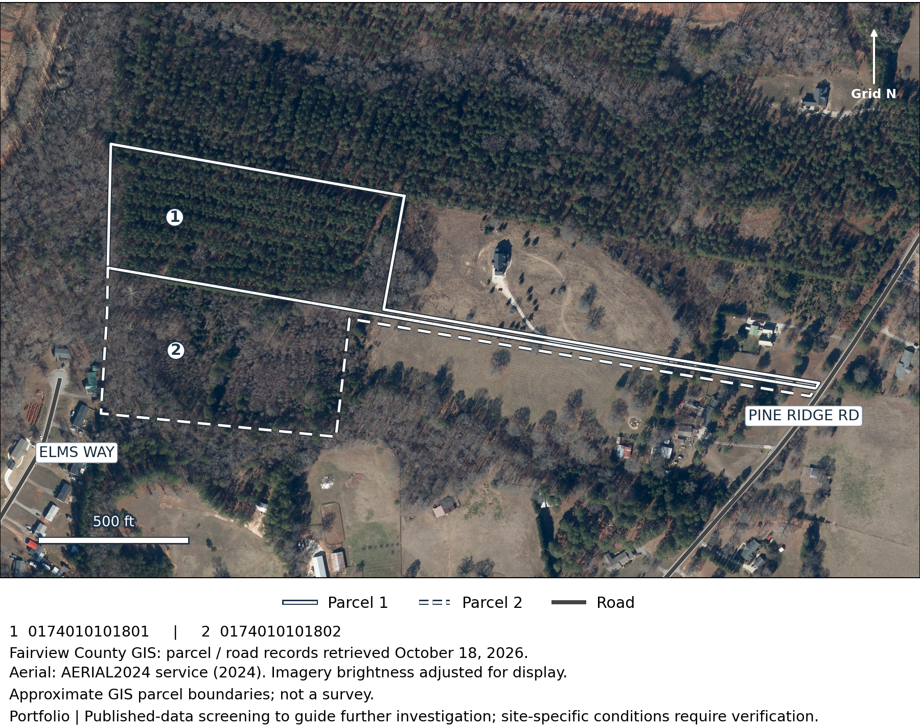 Aerial overview of the two Pine Ridge screening parcels.