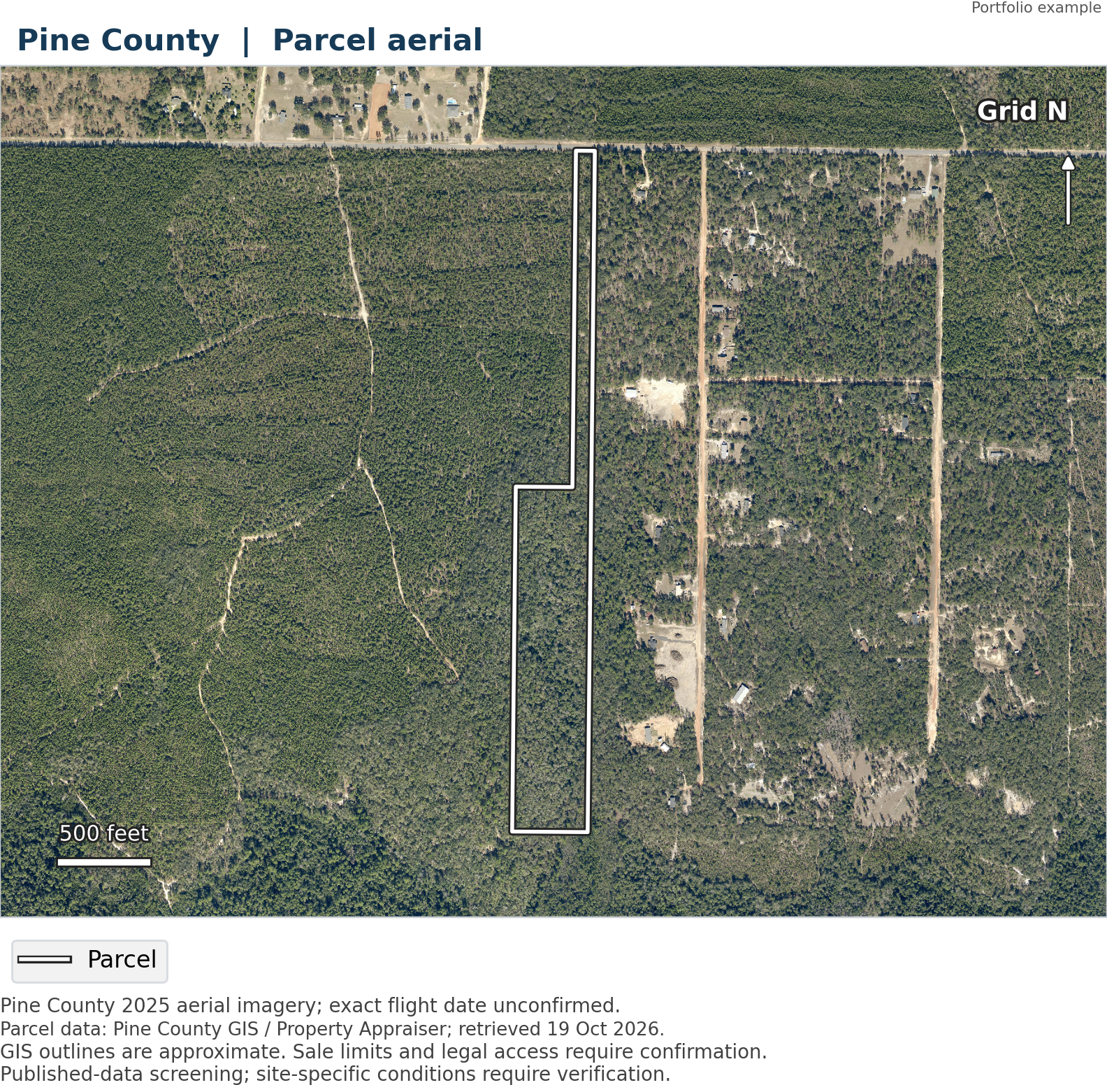 Close aerial map of the Pine County screening parcel.