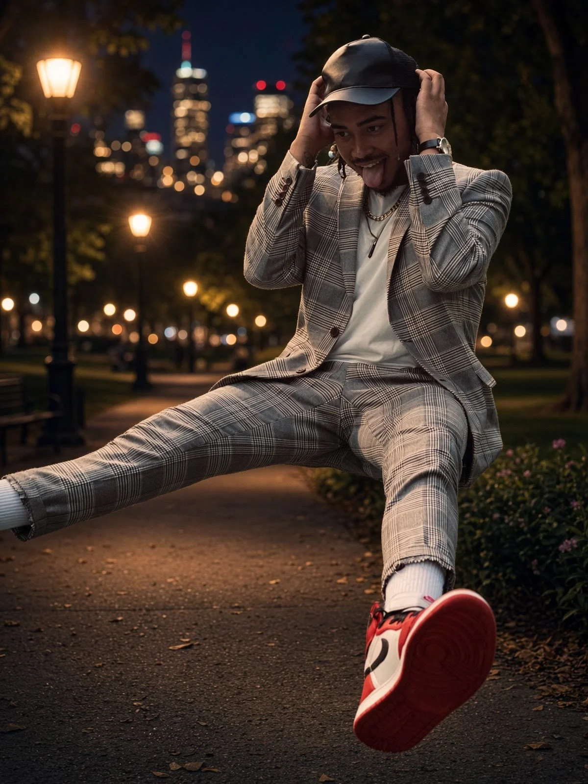 James Lefty mid-jump on a lamp-lit park path at night, grey plaid suit, hands on his cap, city towers behind him, portrait photography