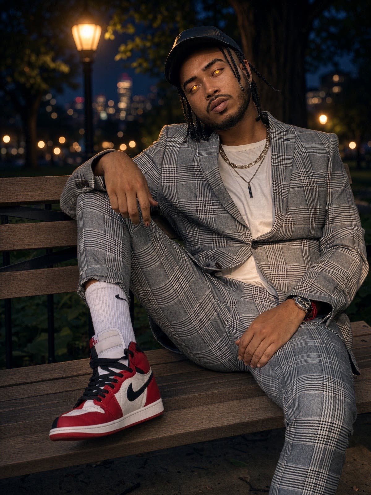 James Lefty, a Harlem artist, in a grey plaid suit and red sneakers, seated on a park bench at night with the city skyline glowing behind him, portrait photography