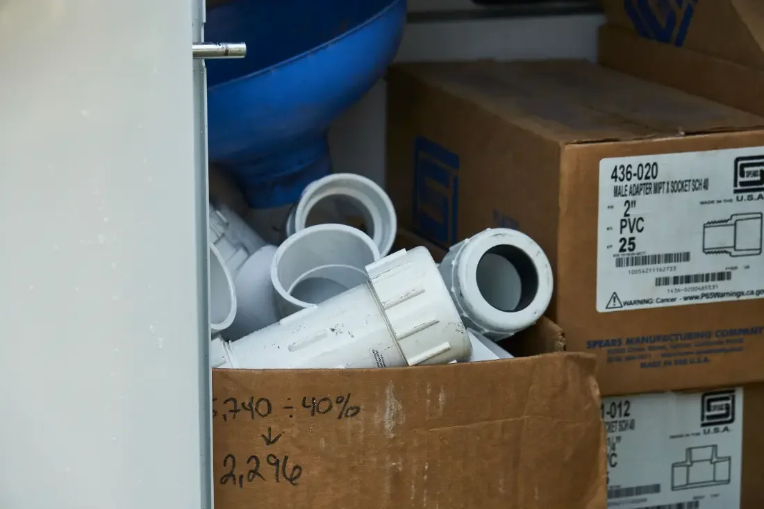 PVC fittings and couplings stocked on the Pump Repair Services truck