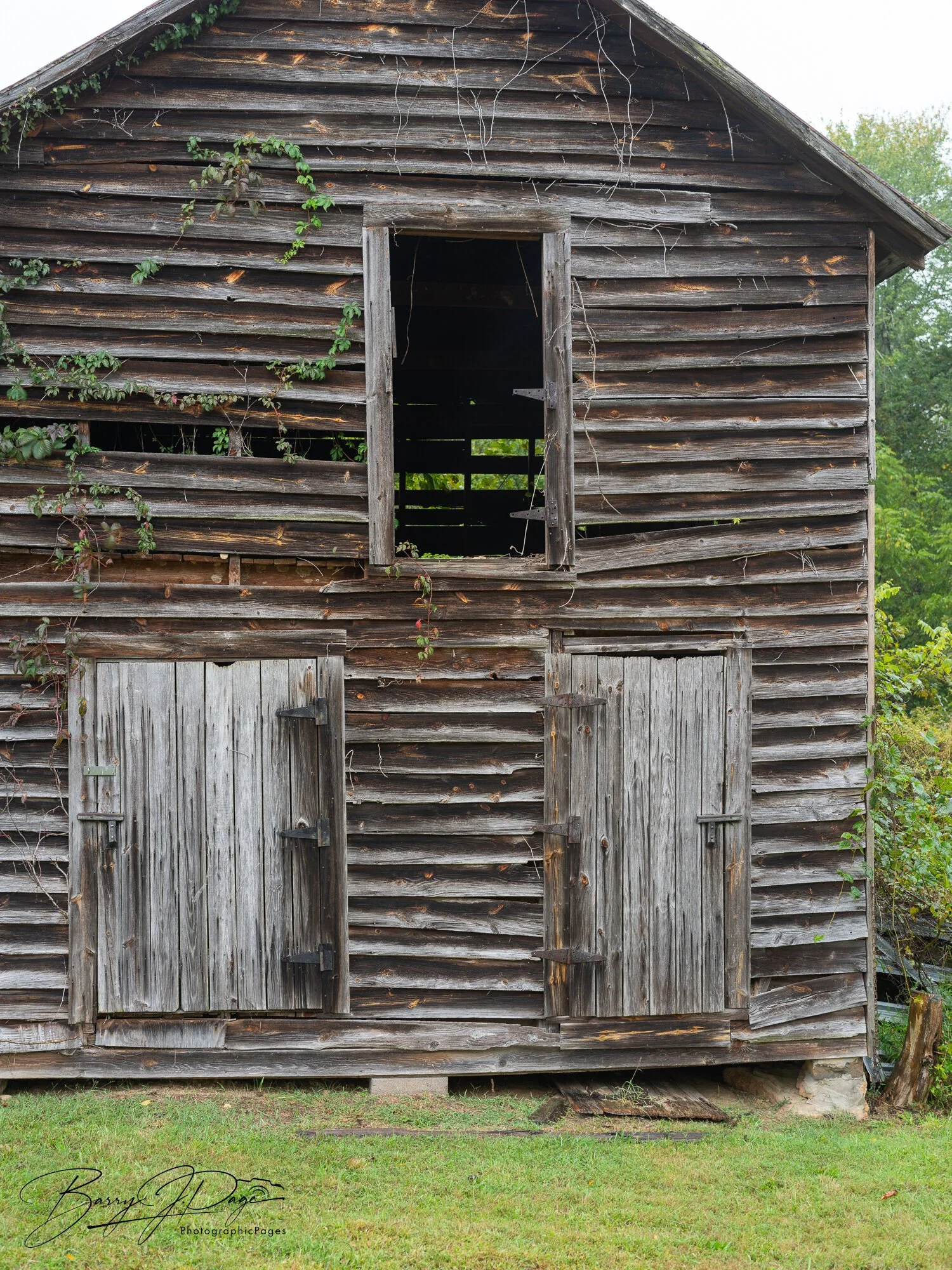 Weathered wooden agricultural structure at Hendricks Family Farm.