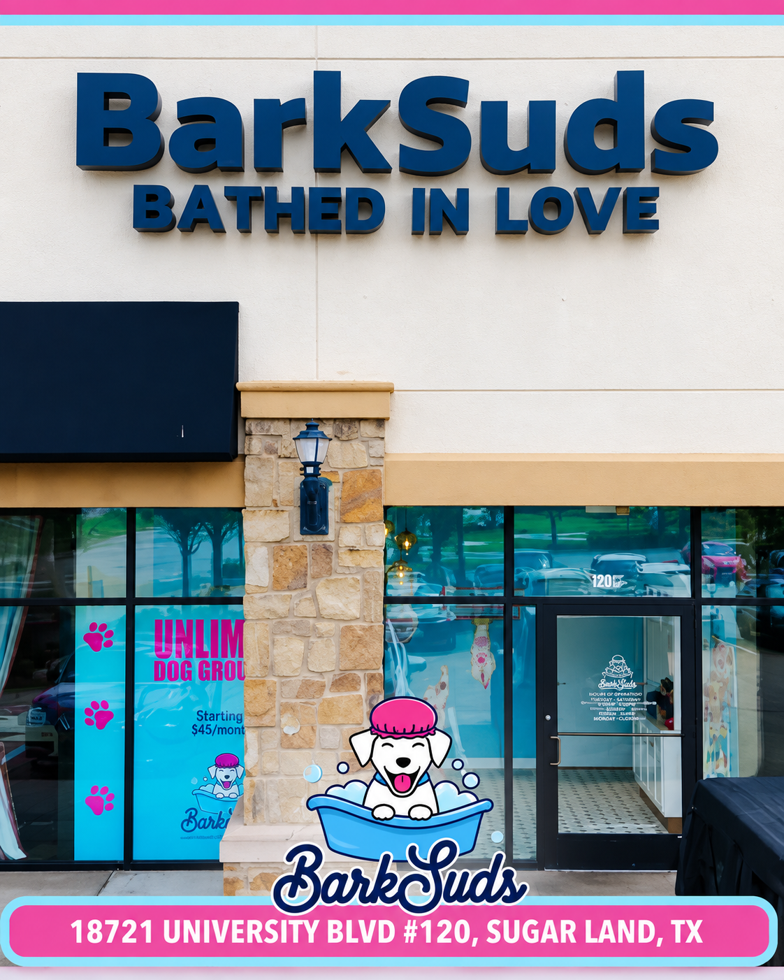 BarkSuds Sugar Land storefront at 18721 University Boulevard