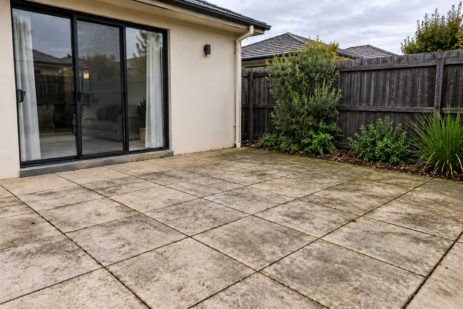 AI-generated illustration: patio and paving before surface cleaning