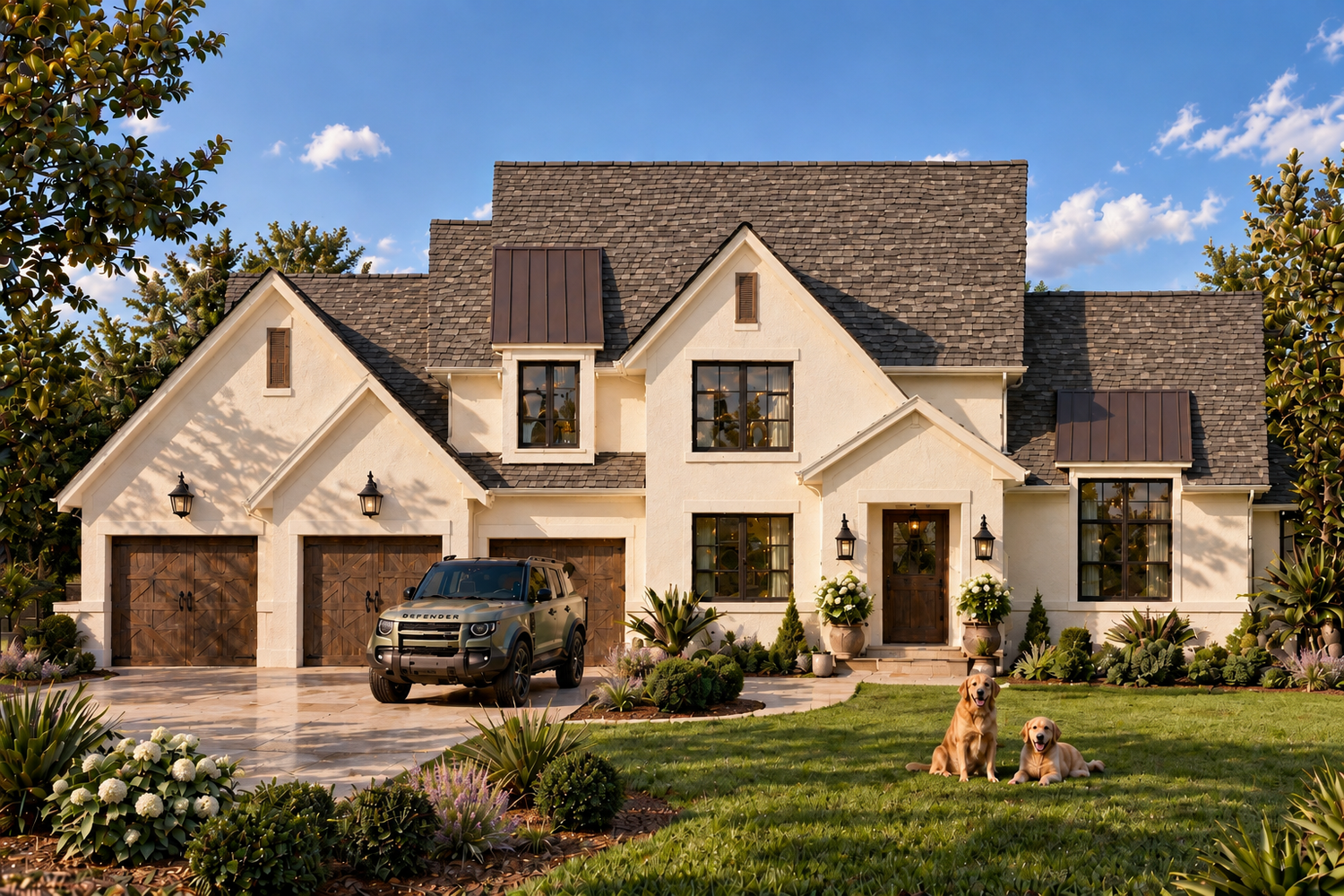 Painted brick modern Tudor home in Porters Neck, Wilmington, NC, designed and built by Jefferies + Kidd