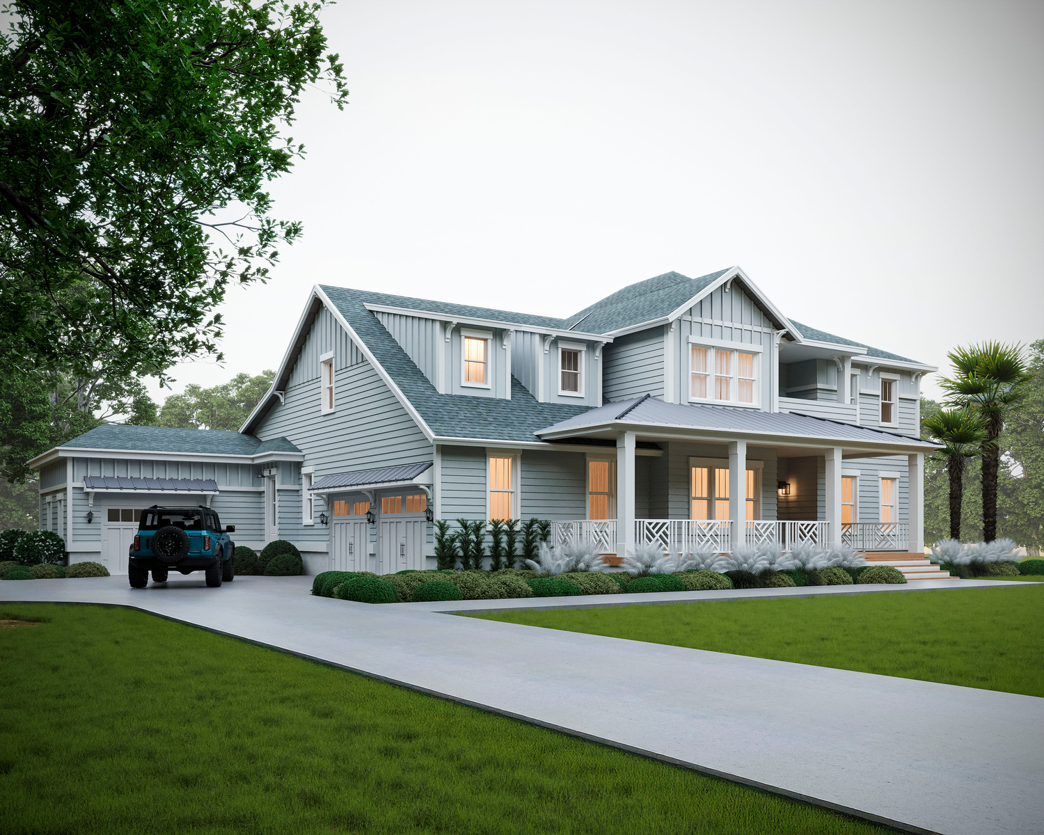 Lowcountry custom home with a deep front porch and Chippendale railings in Pecan Grove Plantation, Hampstead, NC, by Jefferies + Kidd