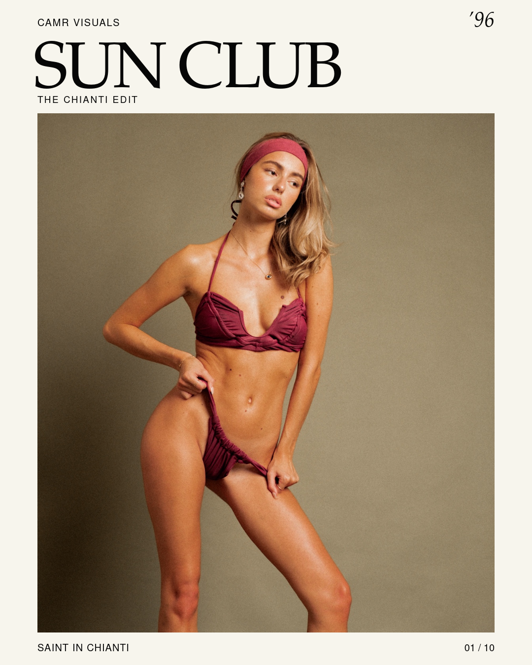 Sun Club 96 Chianti Edit cover: studio portrait in burgundy swimwear and a red headband.