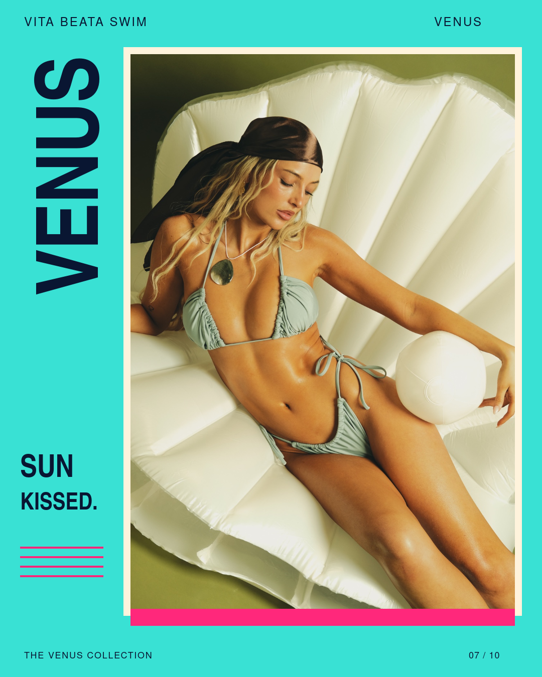 VITA BEATA SWIM Venus campaign: model in a seafoam bikini reclining on a white chair in the Sun Kissed layout.