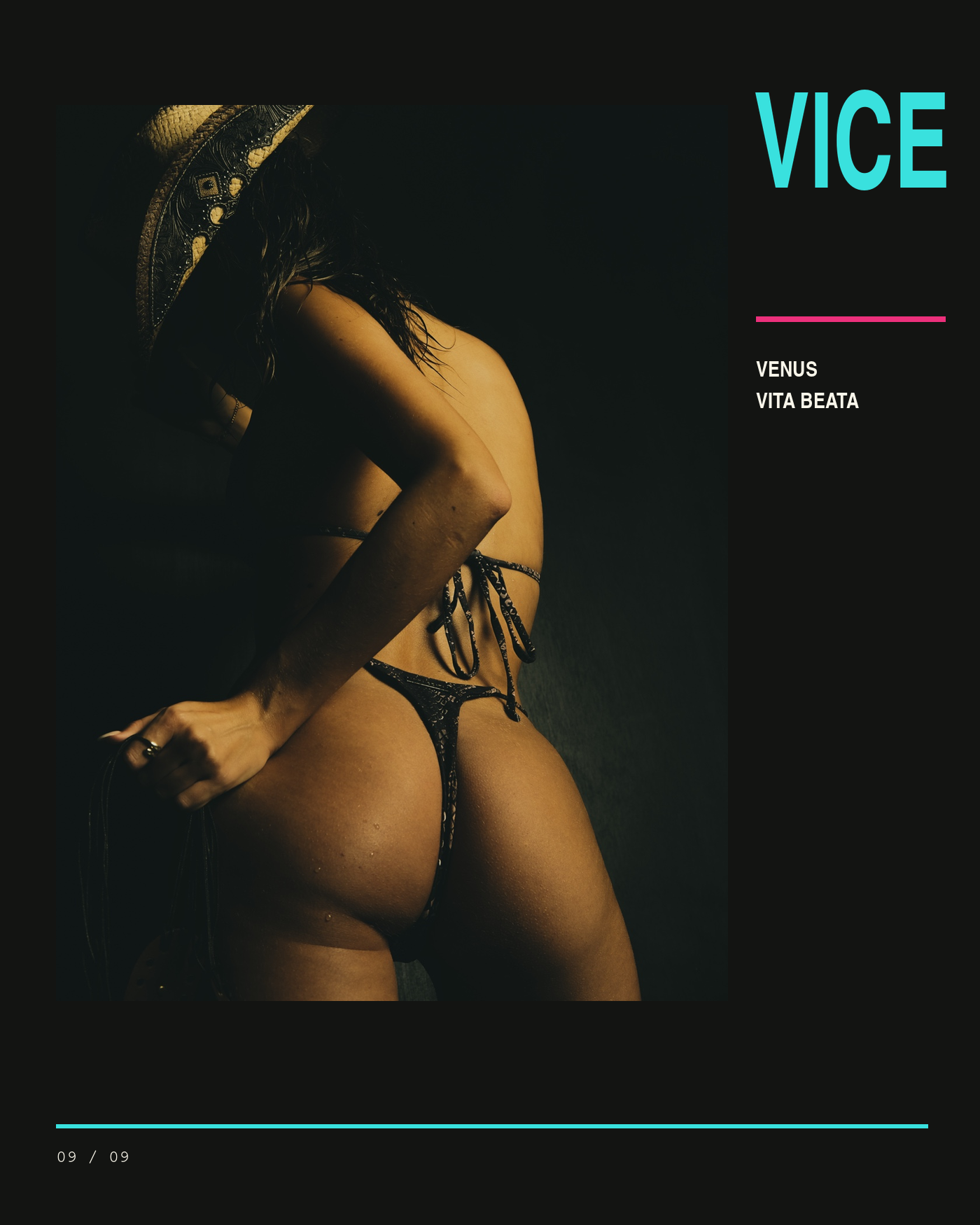 VITA BEATA SWIM VICE closing campaign layout: side portrait with turquoise and pink typography.