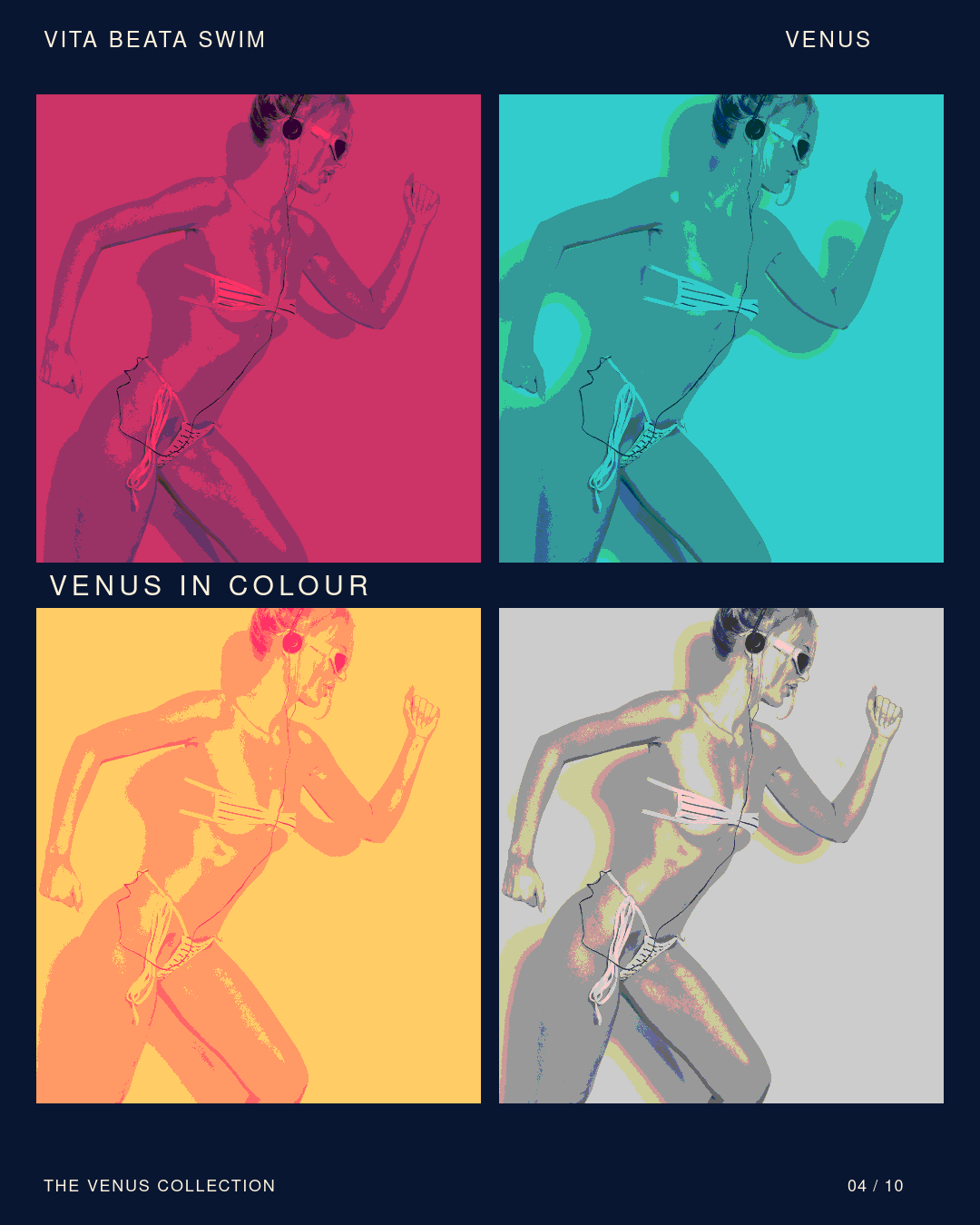 VITA BEATA SWIM Venus in Colour campaign: four colourful pop art swimwear portraits.