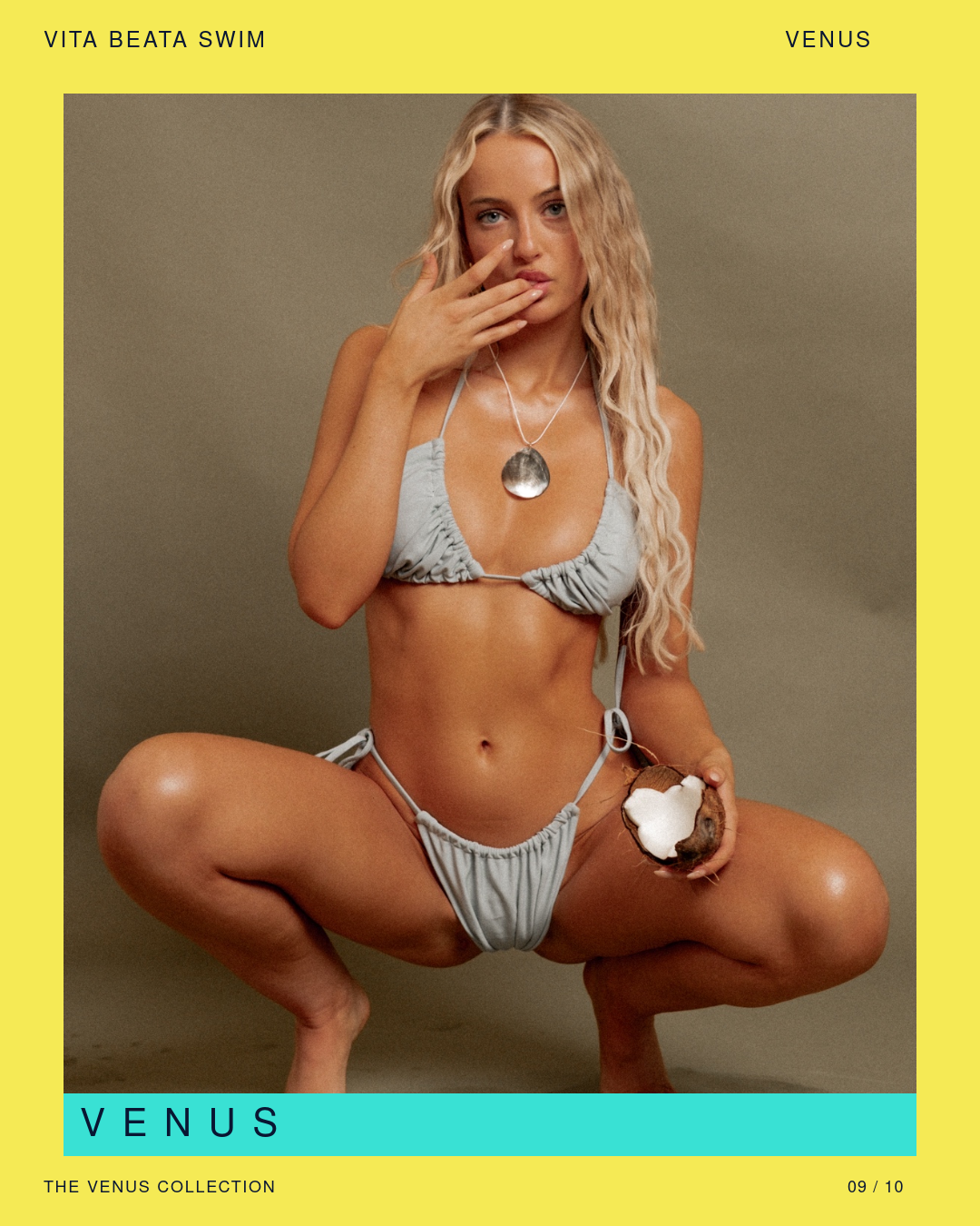 VITA BEATA SWIM Venus campaign: seafoam bikini portrait with a coconut in a yellow and turquoise layout.