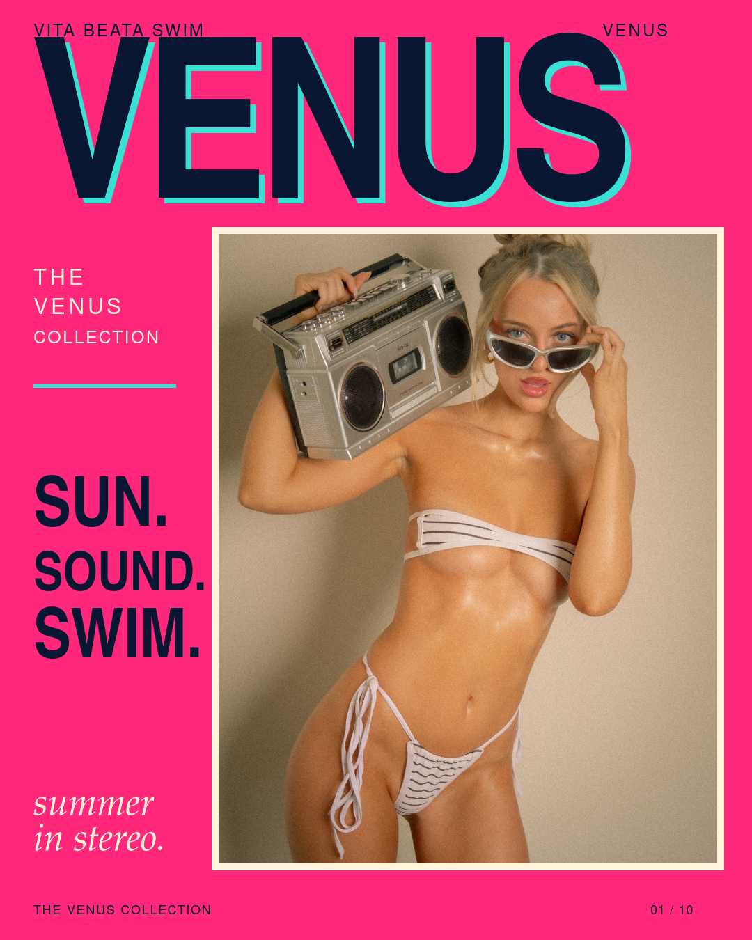 VITA BEATA SWIM Venus campaign: striped bikini, sunglasses and boombox on a hot pink Sun Sound Swim cover.