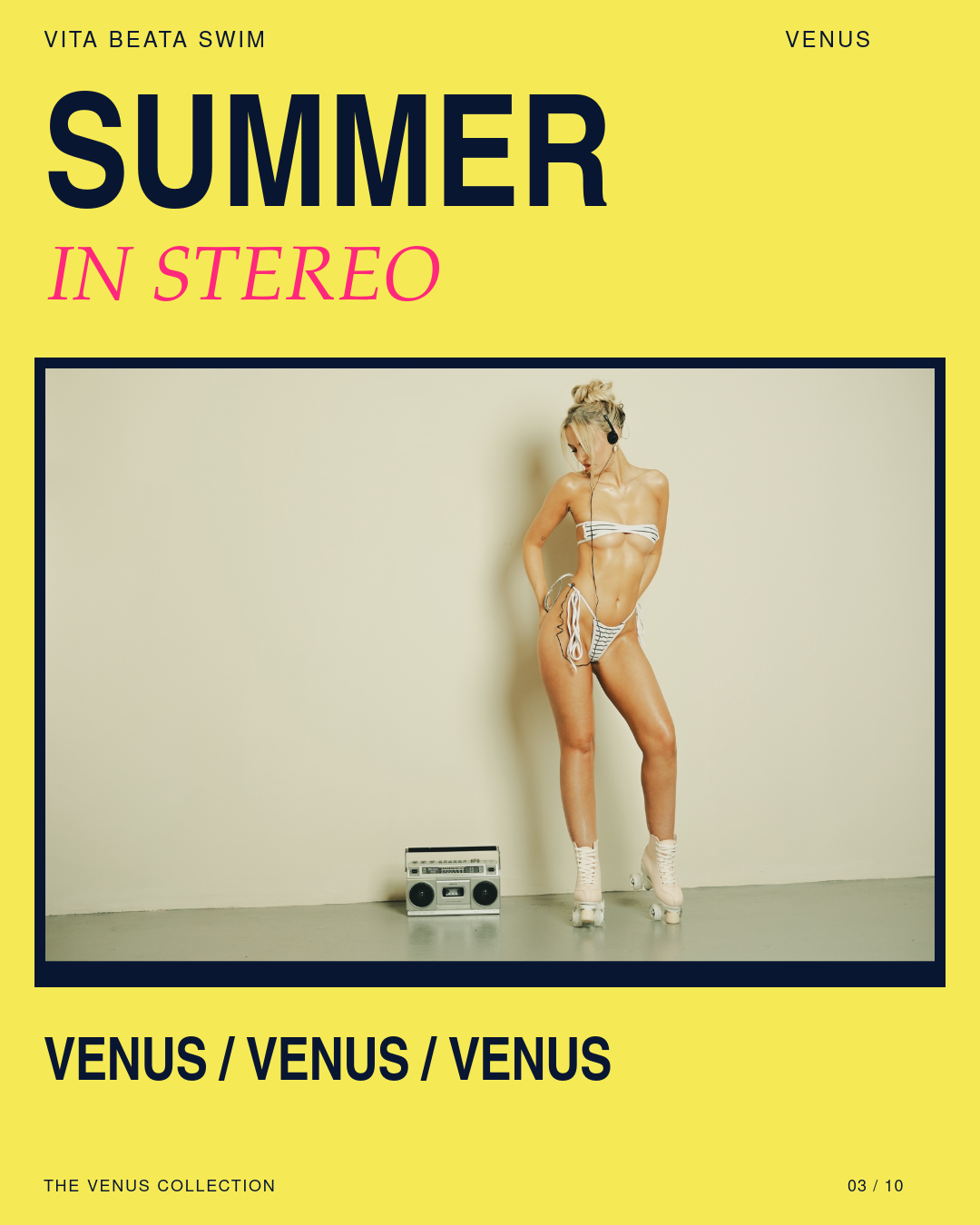 VITA BEATA SWIM Venus campaign: striped bikini studio portrait on a yellow Summer in Stereo layout.