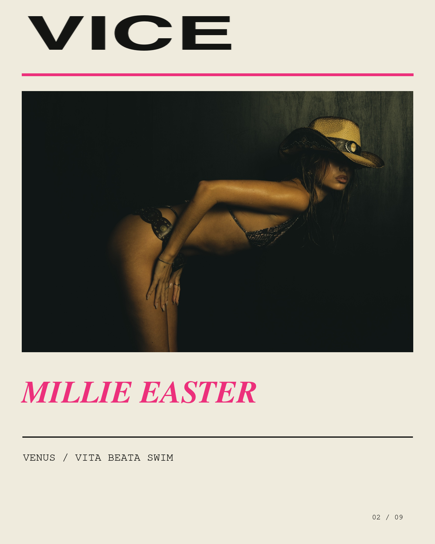 VITA BEATA SWIM VICE campaign: Millie Easter in a side-on swimwear portrait with a cowboy hat.